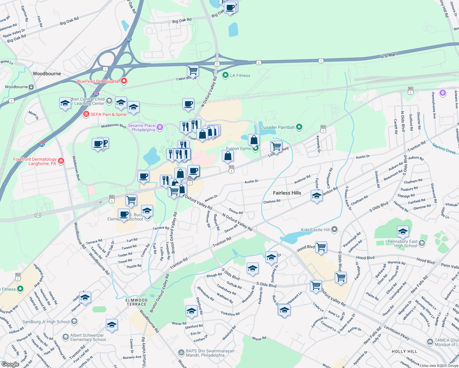 map of restaurants, bars, coffee shops, grocery stores, and more near 249 Austin Drive in Fairless Hills