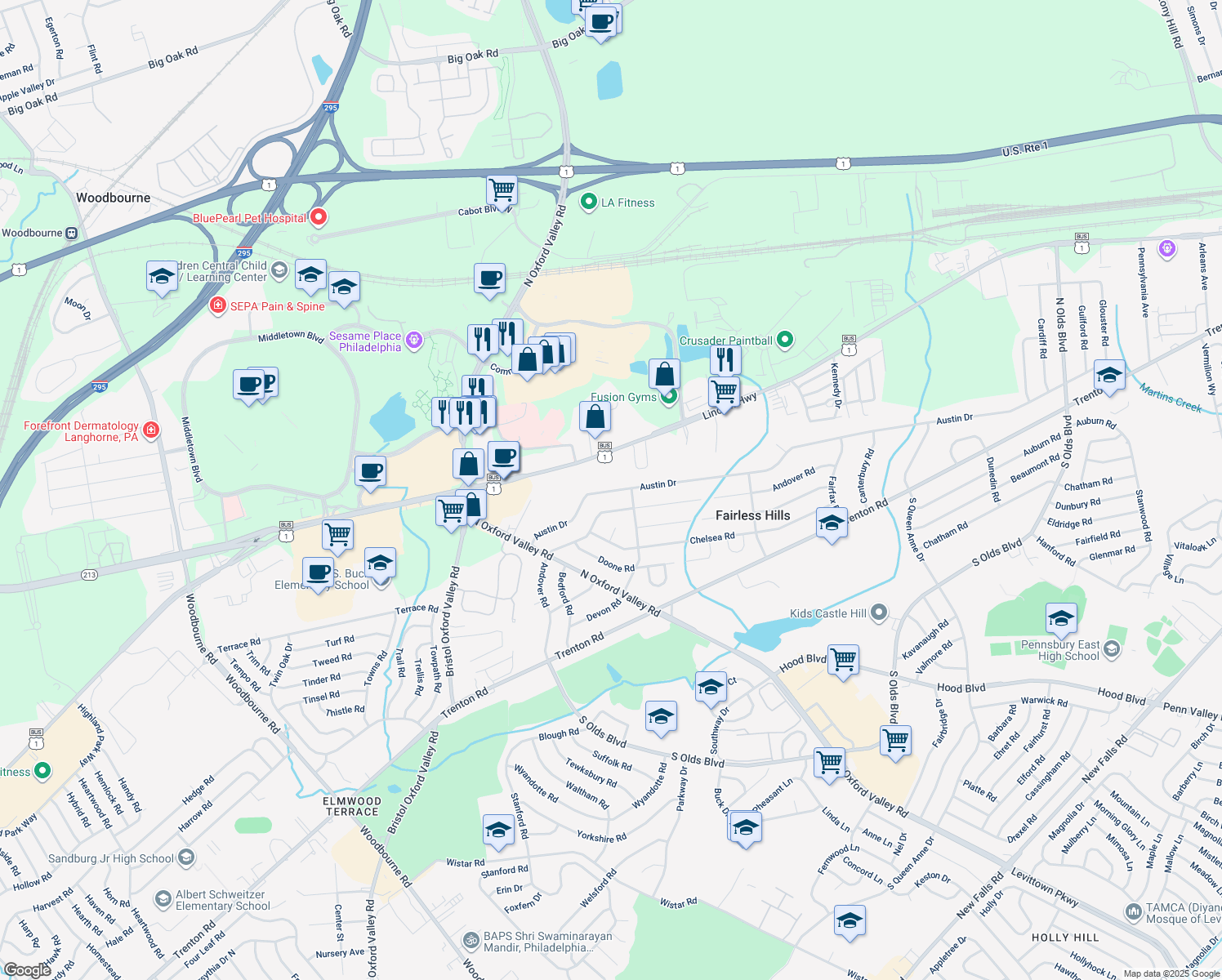 map of restaurants, bars, coffee shops, grocery stores, and more near 255 Austin Drive in Fairless Hills