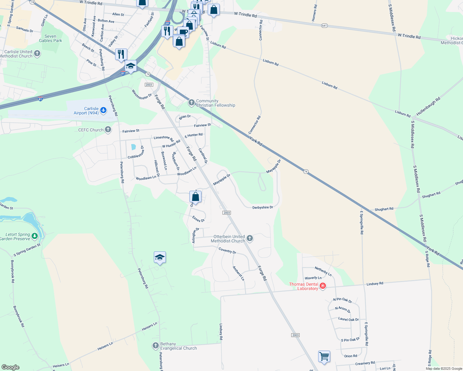 map of restaurants, bars, coffee shops, grocery stores, and more near 73 Derbyshire Dr in Carlisle