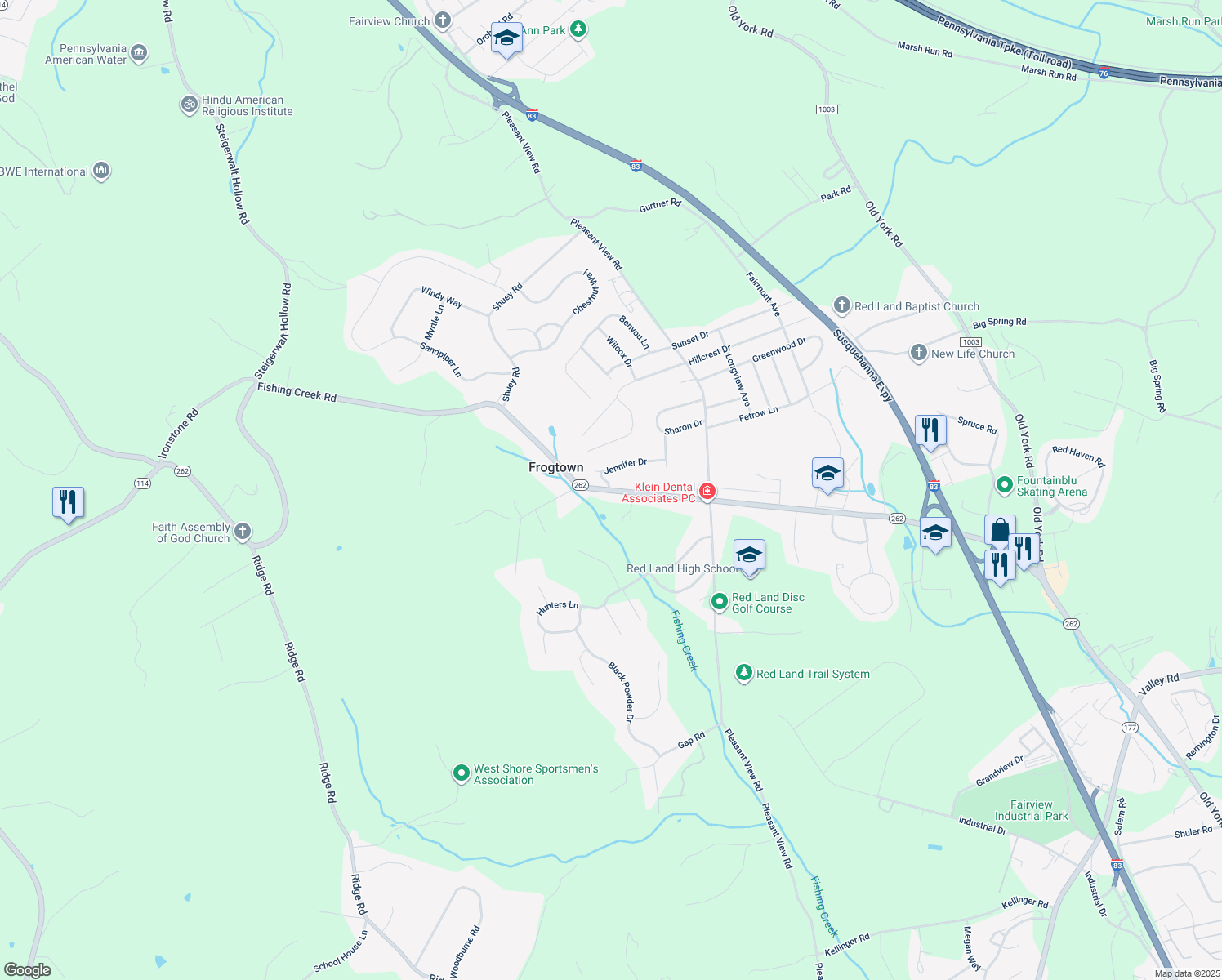 map of restaurants, bars, coffee shops, grocery stores, and more near 626 Fishing Creek Rd in New Cumberland