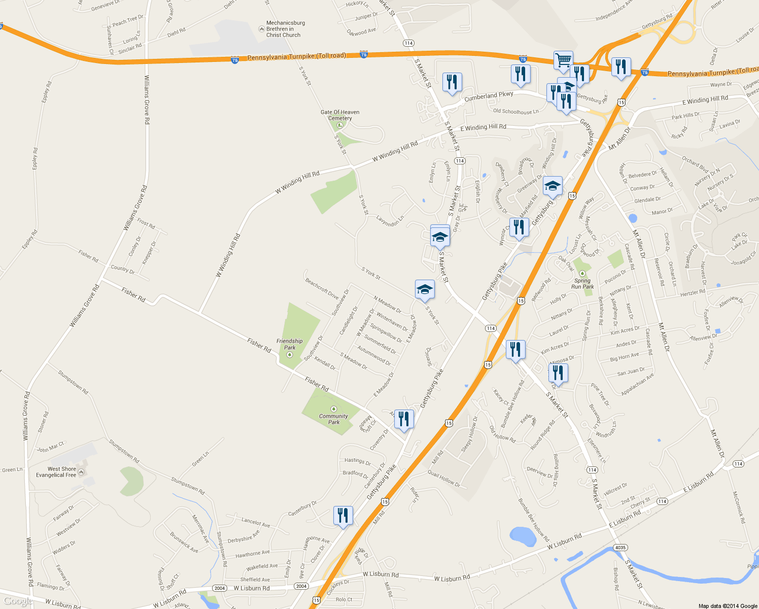 map of restaurants, bars, coffee shops, grocery stores, and more near 1778 North Meadow Drive in Mechanicsburg