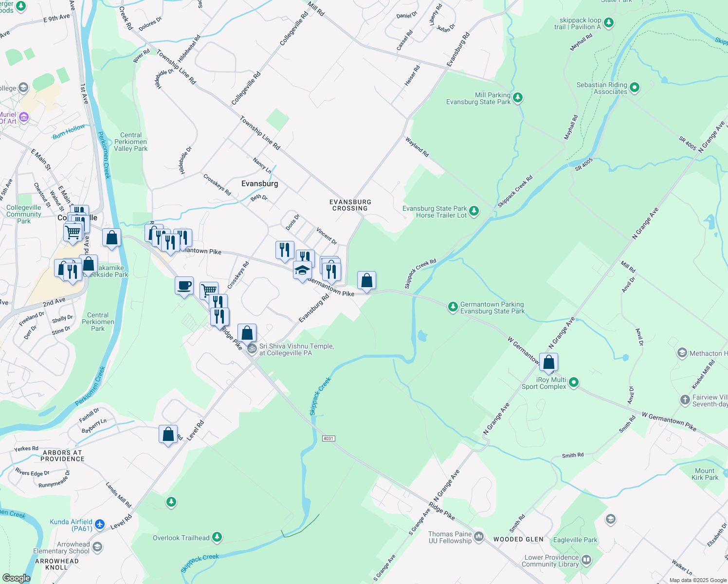 map of restaurants, bars, coffee shops, grocery stores, and more near 3763 Germantown Pike in Collegeville