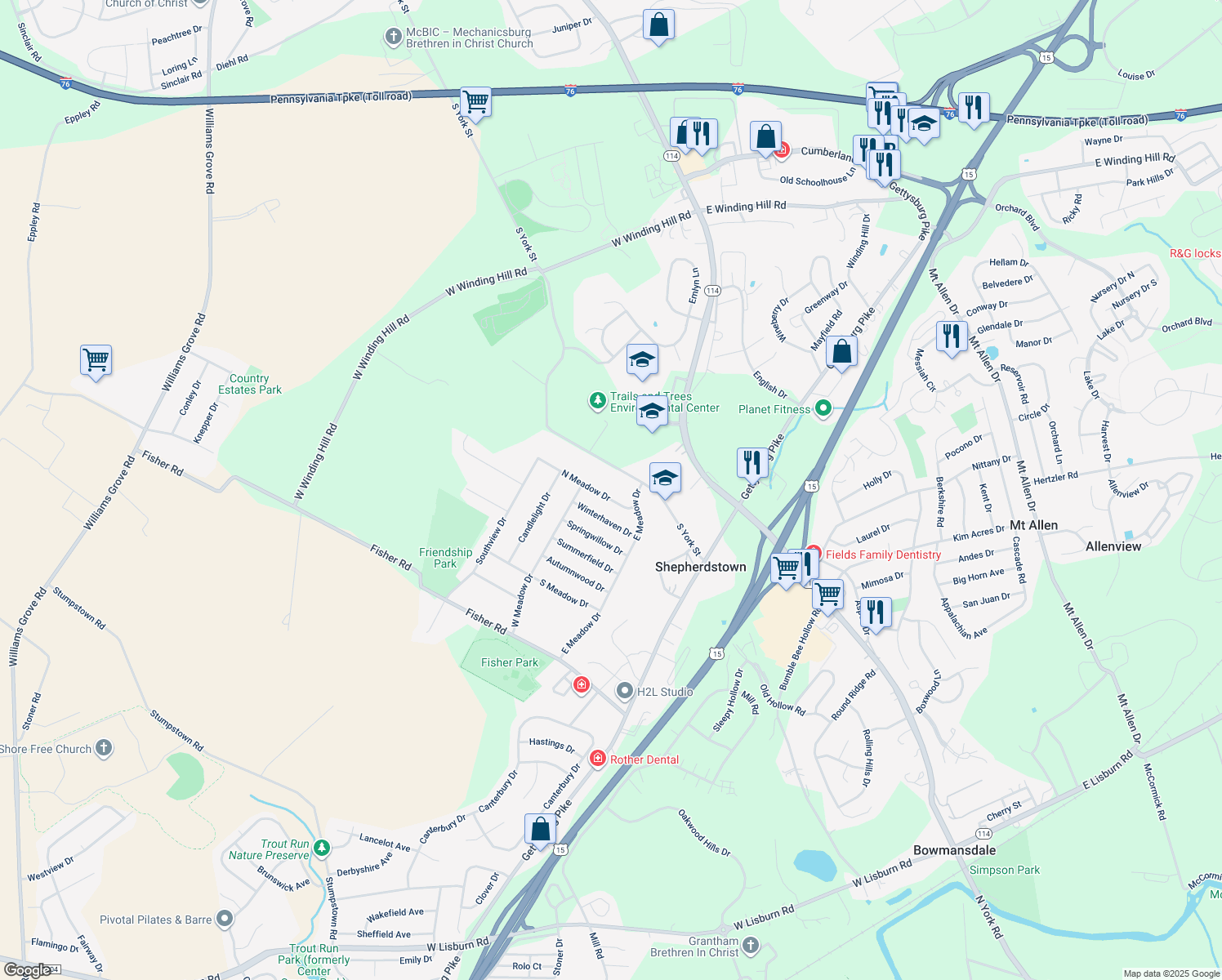 map of restaurants, bars, coffee shops, grocery stores, and more near 1783 N Meadow Dr in Mechanicsburg