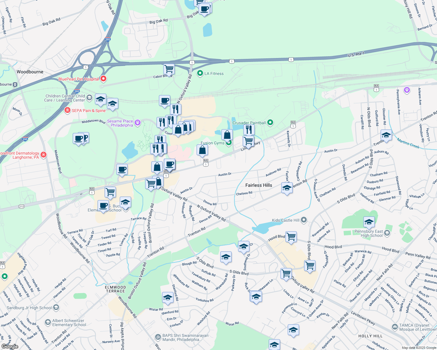 map of restaurants, bars, coffee shops, grocery stores, and more near 305 Austin Drive in Fairless Hills