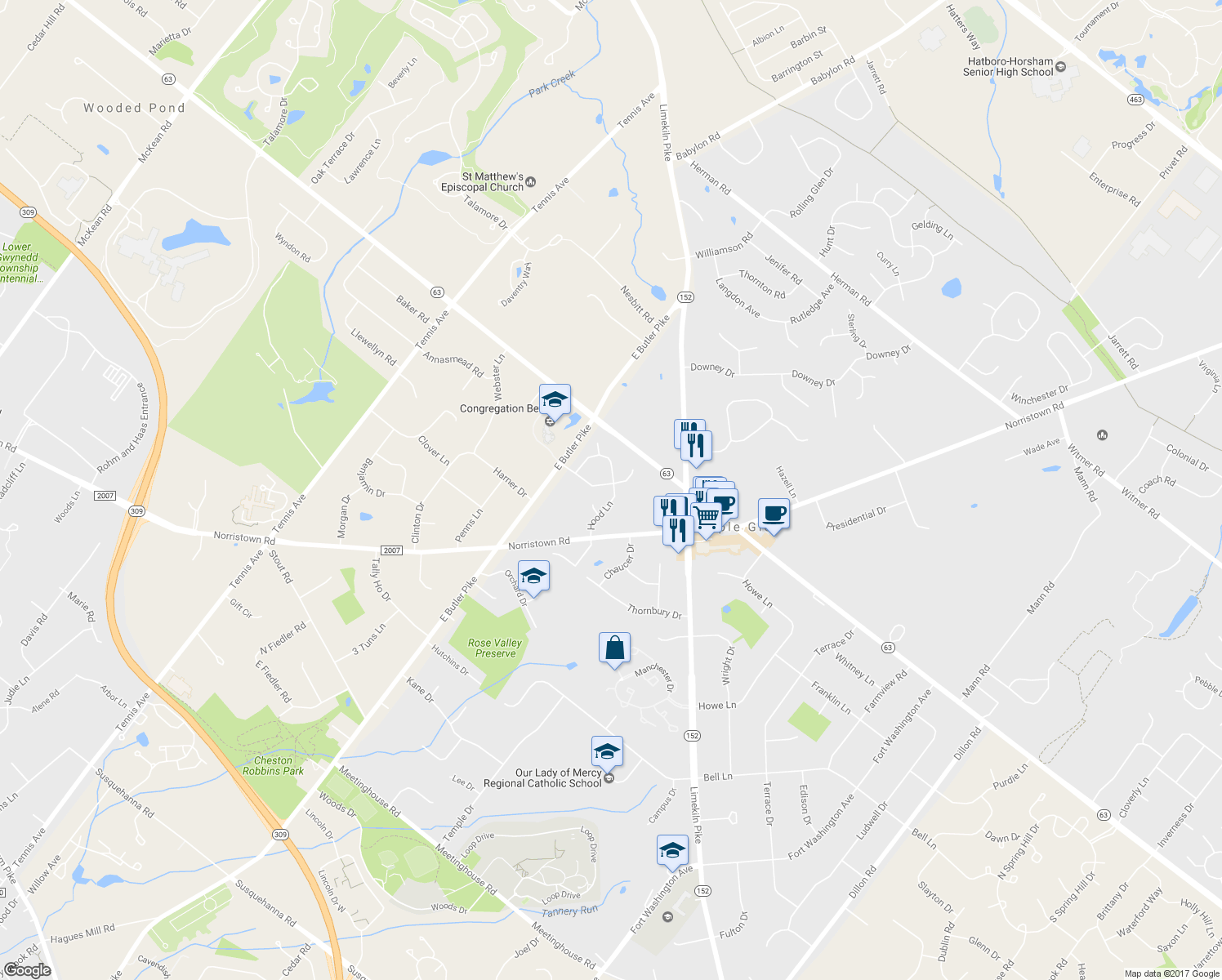 map of restaurants, bars, coffee shops, grocery stores, and more near 441 Dogwood Drive in Maple Glen