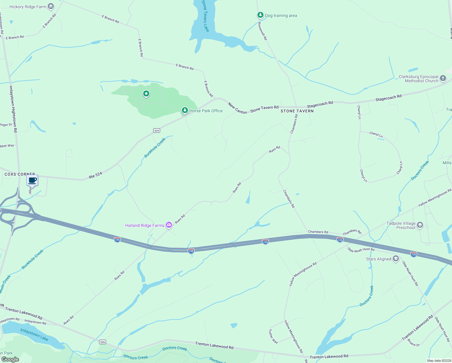 map of restaurants, bars, coffee shops, grocery stores, and more near 34 Stone Hill Road in Upper Freehold