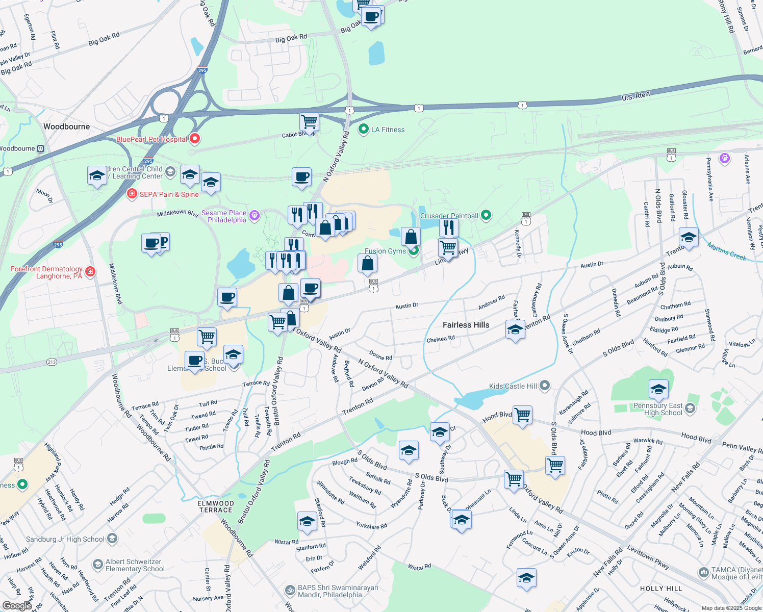map of restaurants, bars, coffee shops, grocery stores, and more near 259 Austin Drive in Fairless Hills