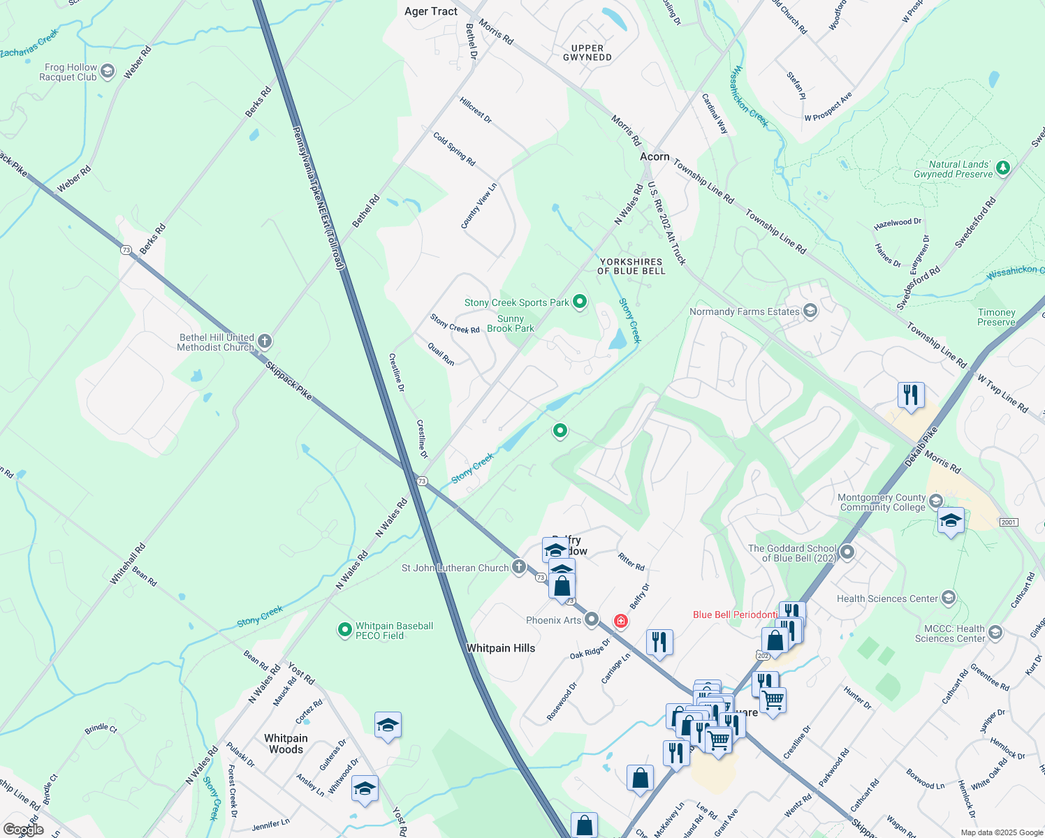 map of restaurants, bars, coffee shops, grocery stores, and more near 702 Willowbend Dr in Blue Bell