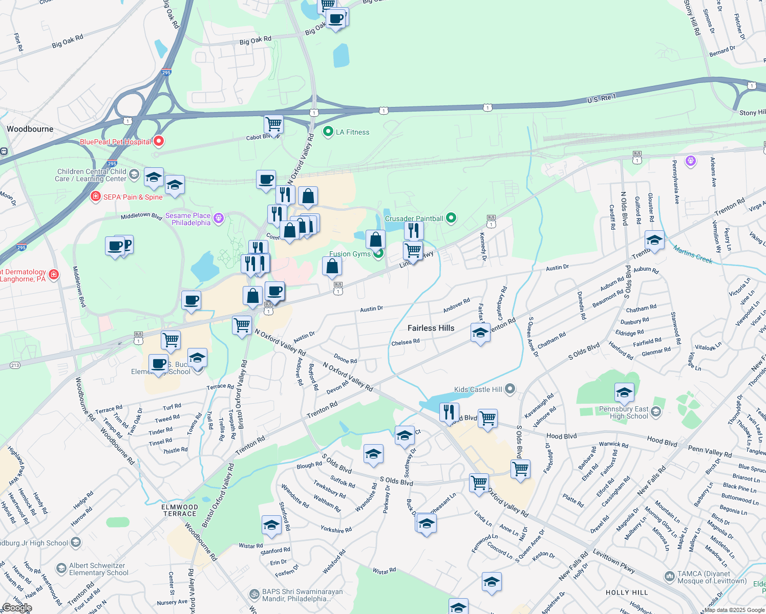 map of restaurants, bars, coffee shops, grocery stores, and more near 325 Austin Drive in Fairless Hills