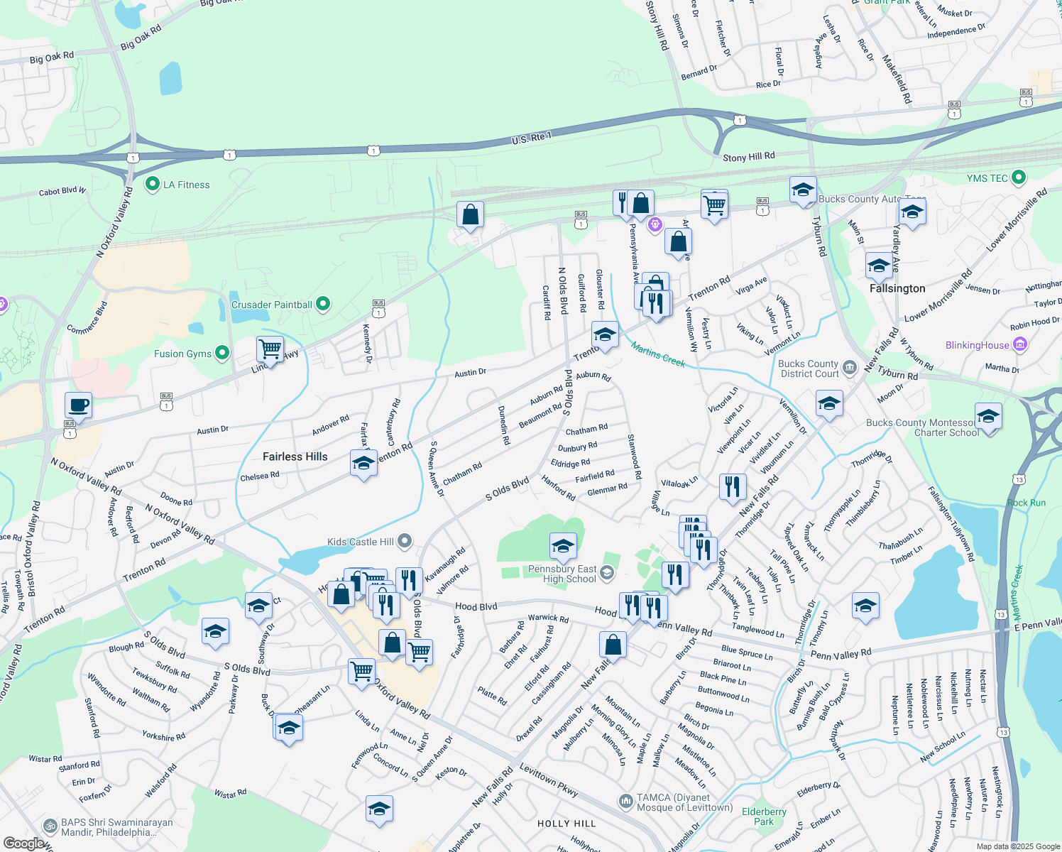 map of restaurants, bars, coffee shops, grocery stores, and more near 712 Beaumont Road in Fairless Hills