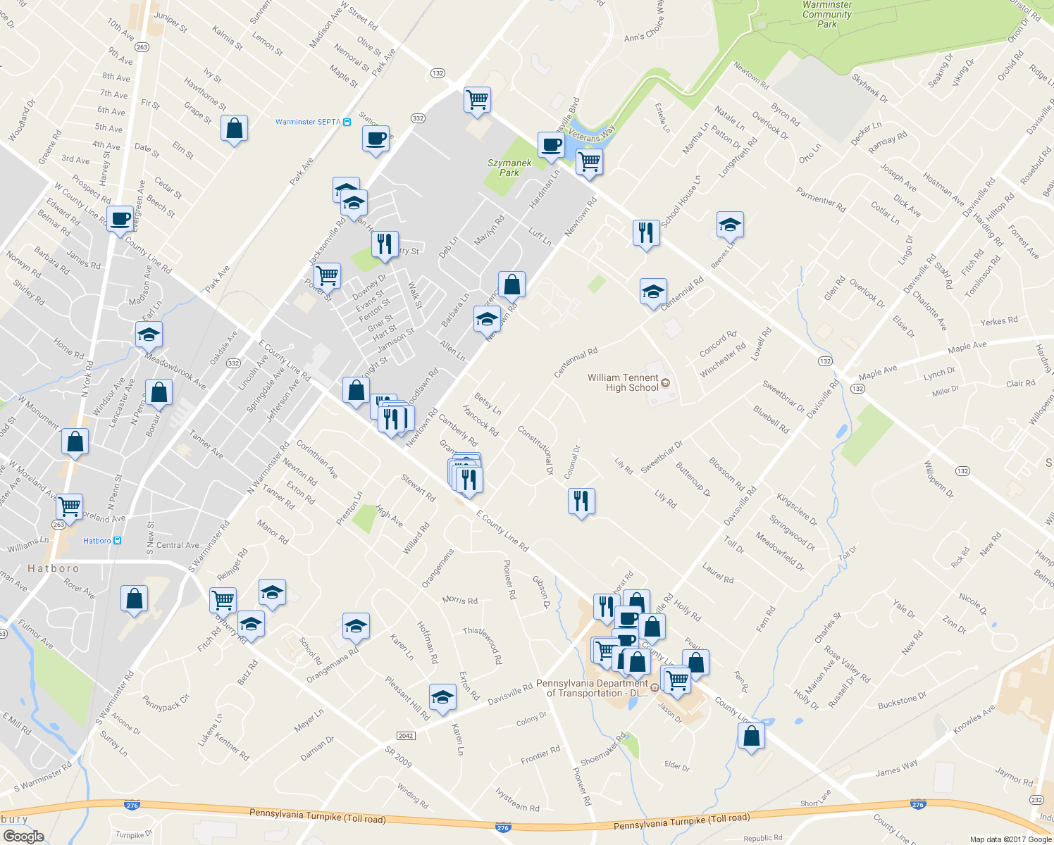 map of restaurants, bars, coffee shops, grocery stores, and more near 175 Centennial Road in Warminster