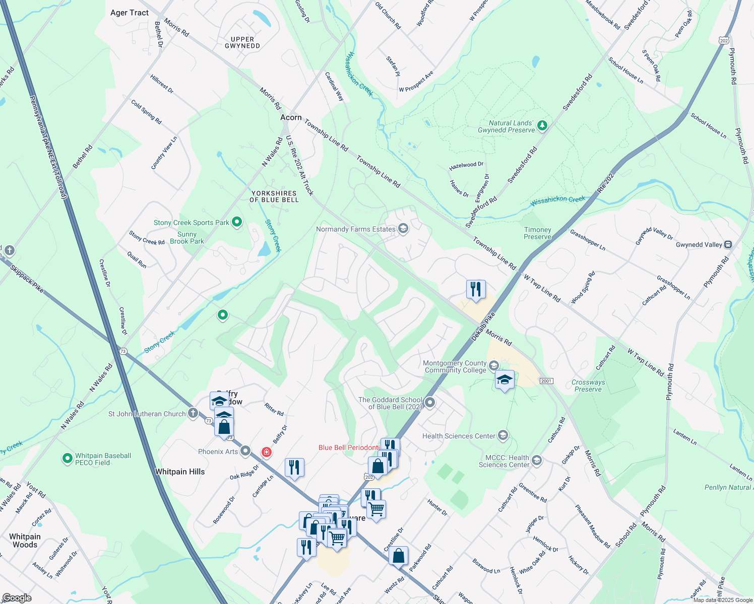 map of restaurants, bars, coffee shops, grocery stores, and more near 113 Sawgrass Drive in Blue Bell