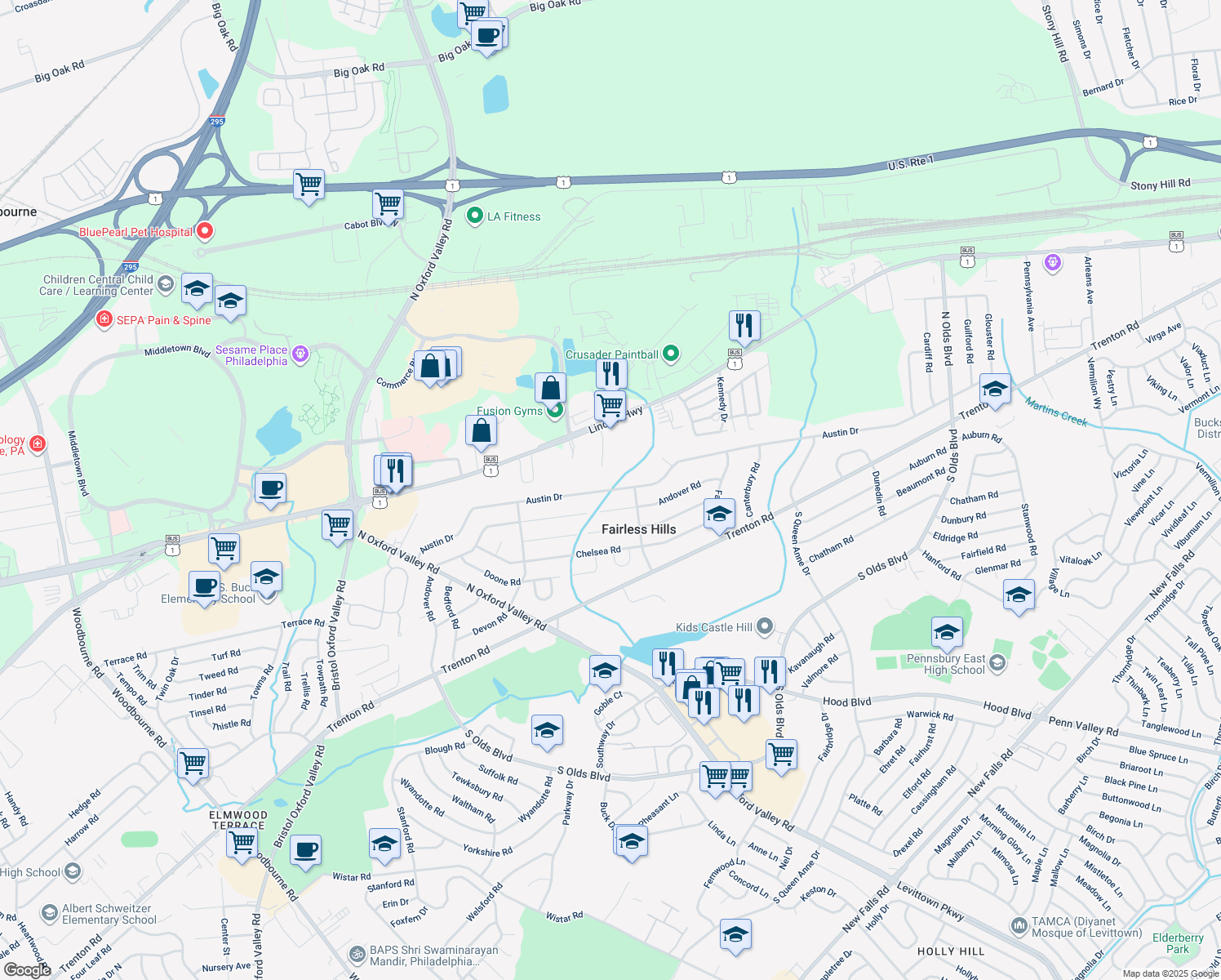 map of restaurants, bars, coffee shops, grocery stores, and more near 405 Austin Drive in Fairless Hills