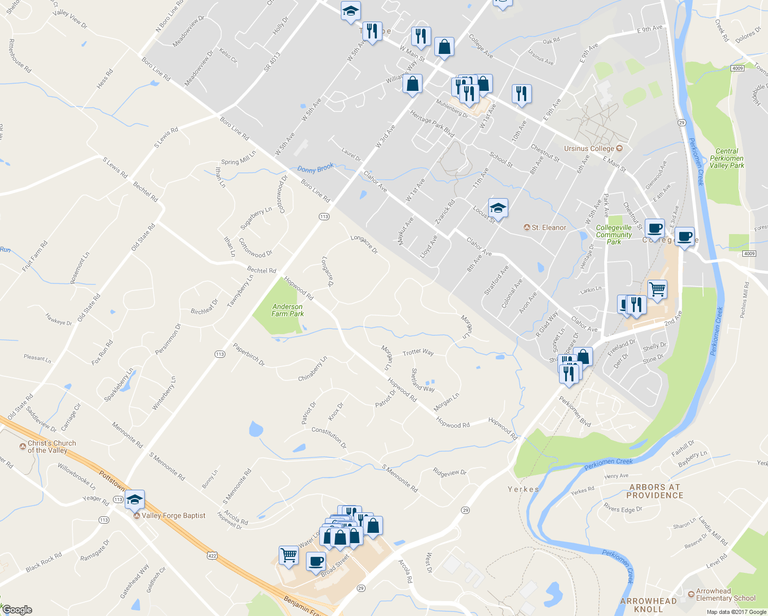 map of restaurants, bars, coffee shops, grocery stores, and more near 1822 Morgan Lane in Collegeville