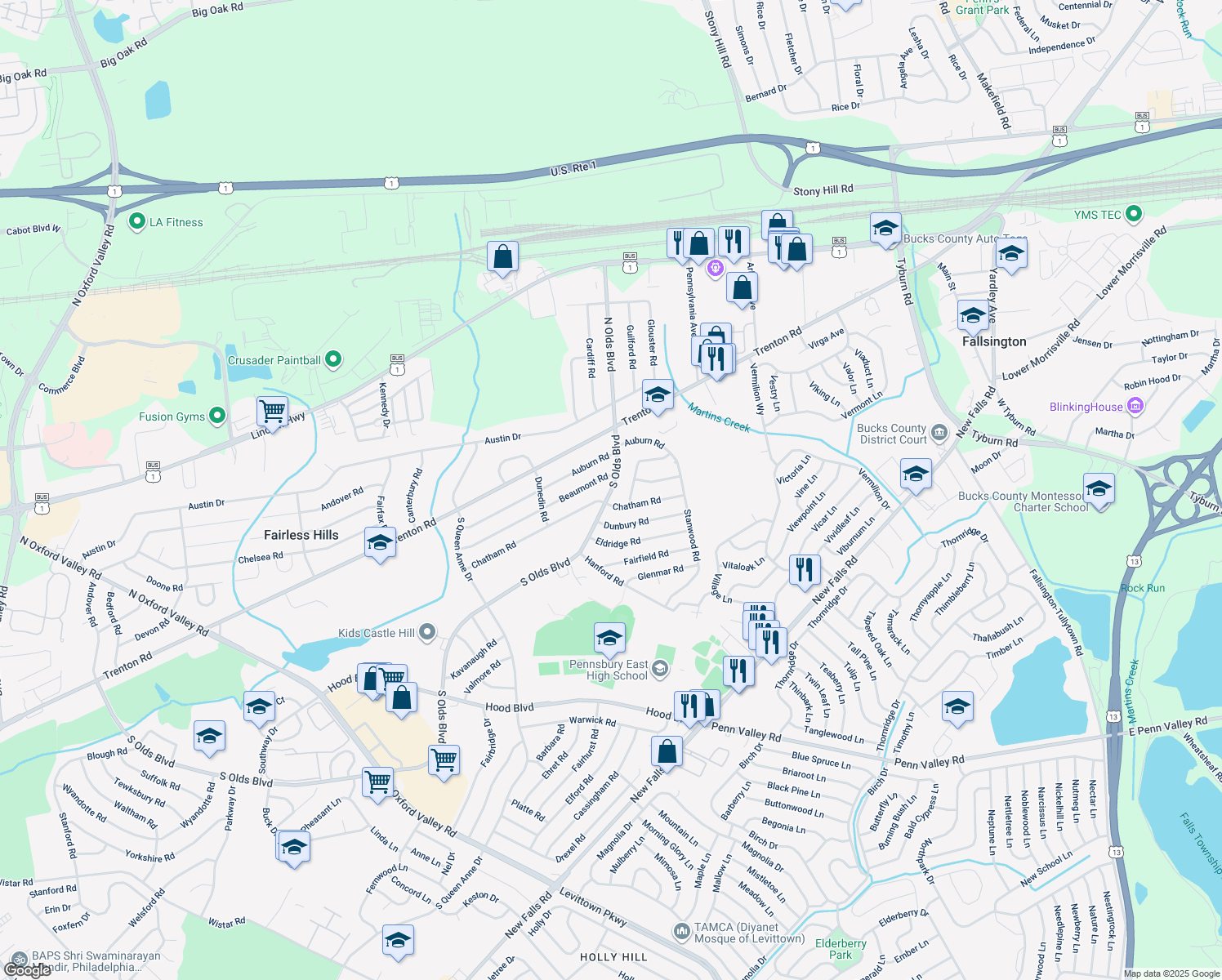 map of restaurants, bars, coffee shops, grocery stores, and more near 727 South Olds Boulevard in Fairless Hills