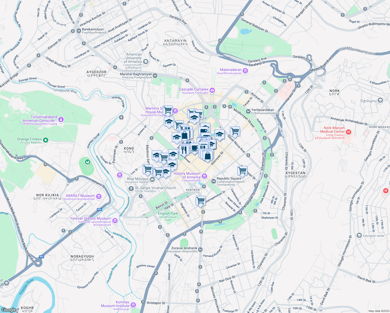 map of restaurants, bars, coffee shops, grocery stores, and more near 3 Teryan Street in Yerevan