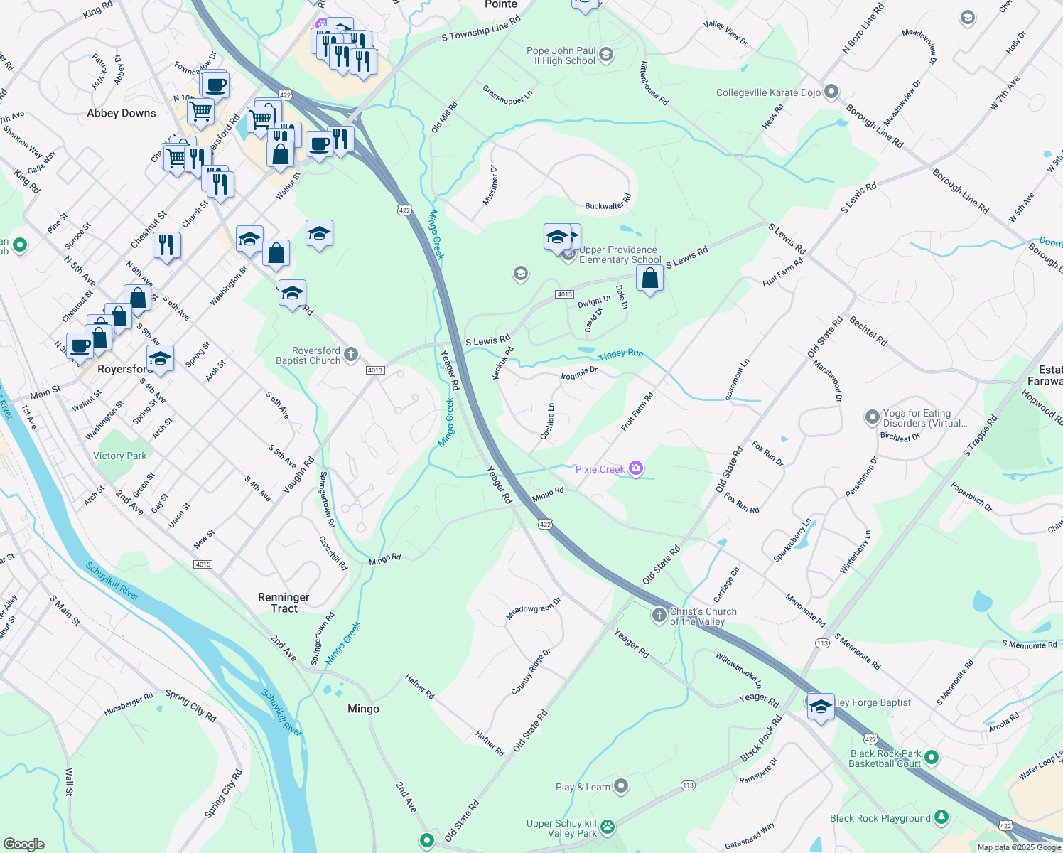 map of restaurants, bars, coffee shops, grocery stores, and more near 75 Keokuk Rd in Royersford
