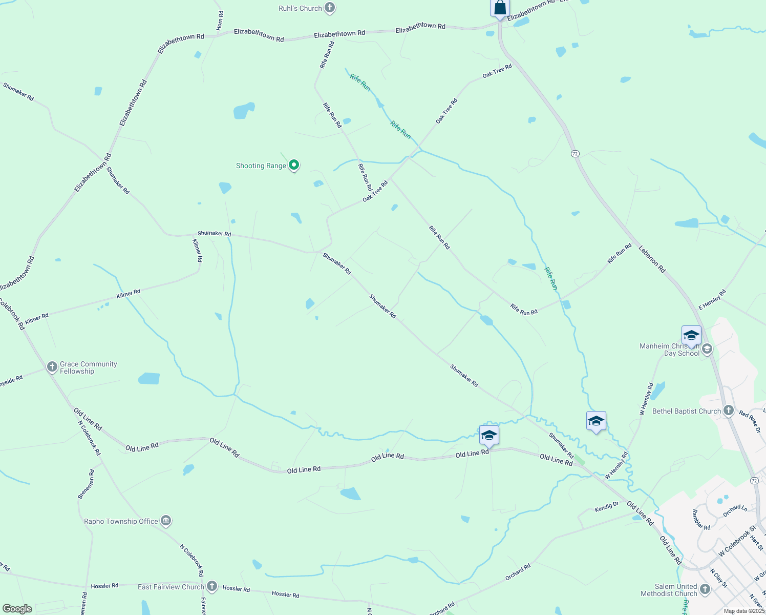 map of restaurants, bars, coffee shops, grocery stores, and more near 1426 Shumaker Road in Manheim