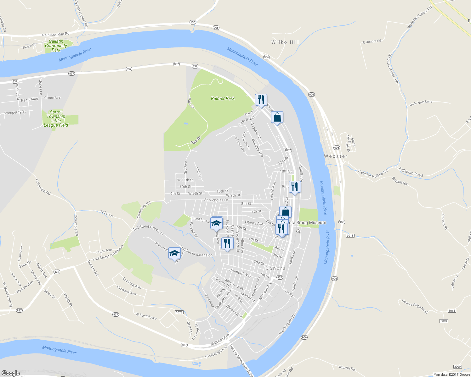 map of restaurants, bars, coffee shops, grocery stores, and more near 510 10th Street in Donora