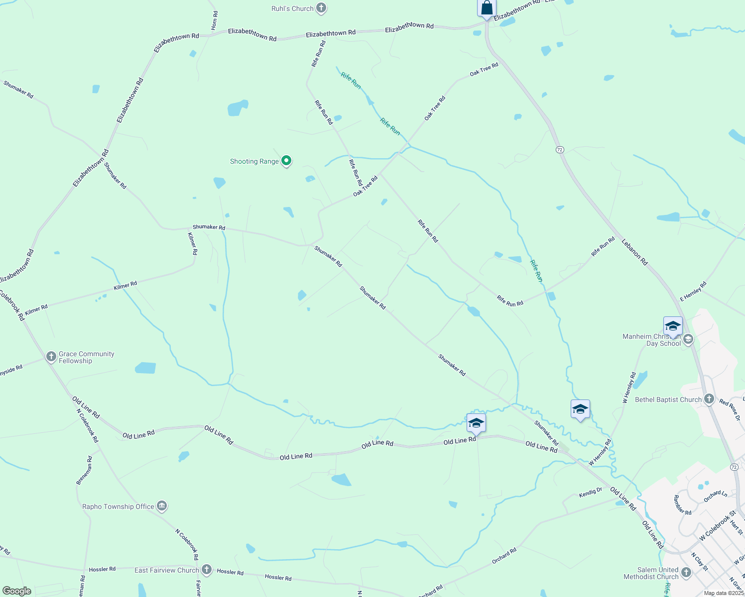 map of restaurants, bars, coffee shops, grocery stores, and more near 1438 Shumaker Road in Manheim