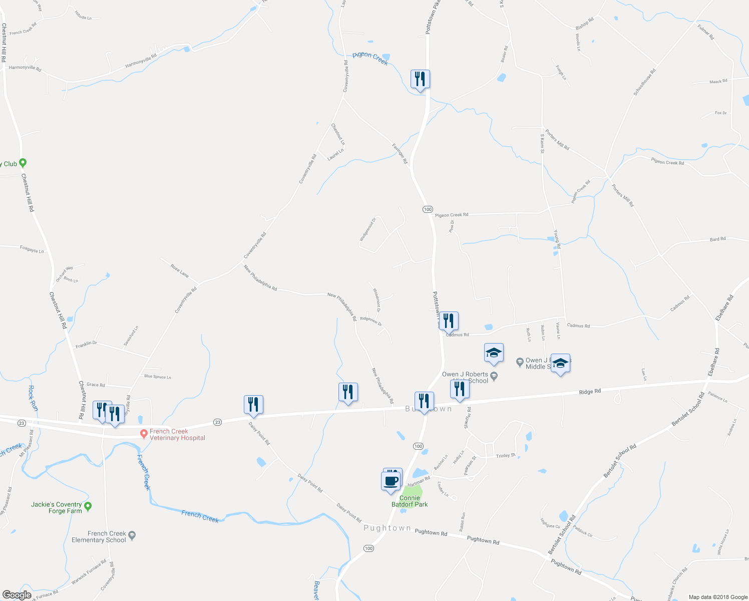 map of restaurants, bars, coffee shops, grocery stores, and more near 125 Woodmont Drive in Pottstown