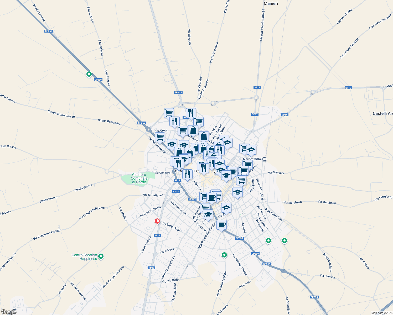 map of restaurants, bars, coffee shops, grocery stores, and more near 79 Via Duca degli Abruzzi in Nardò