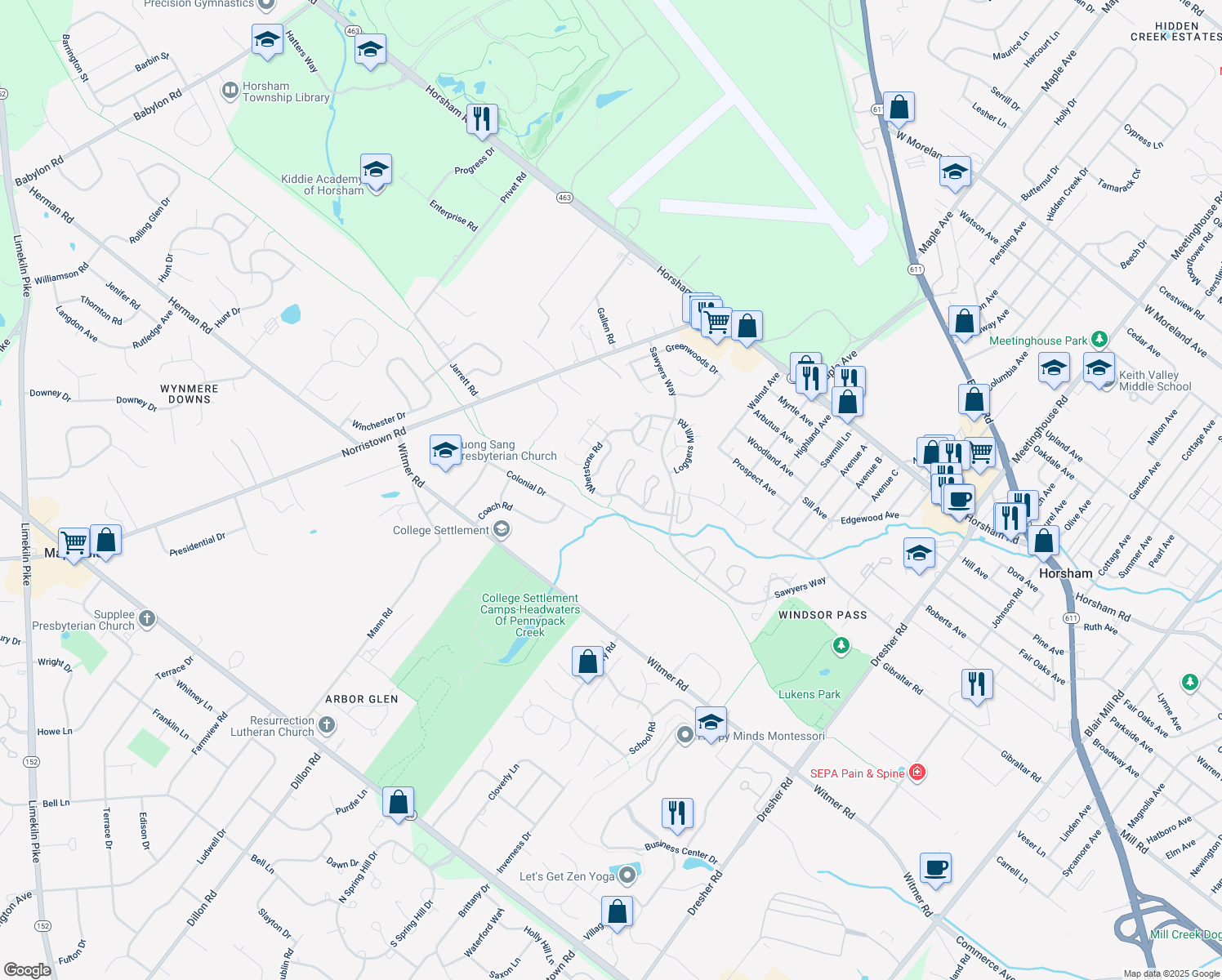 map of restaurants, bars, coffee shops, grocery stores, and more near 9 Ember Ln in Horsham