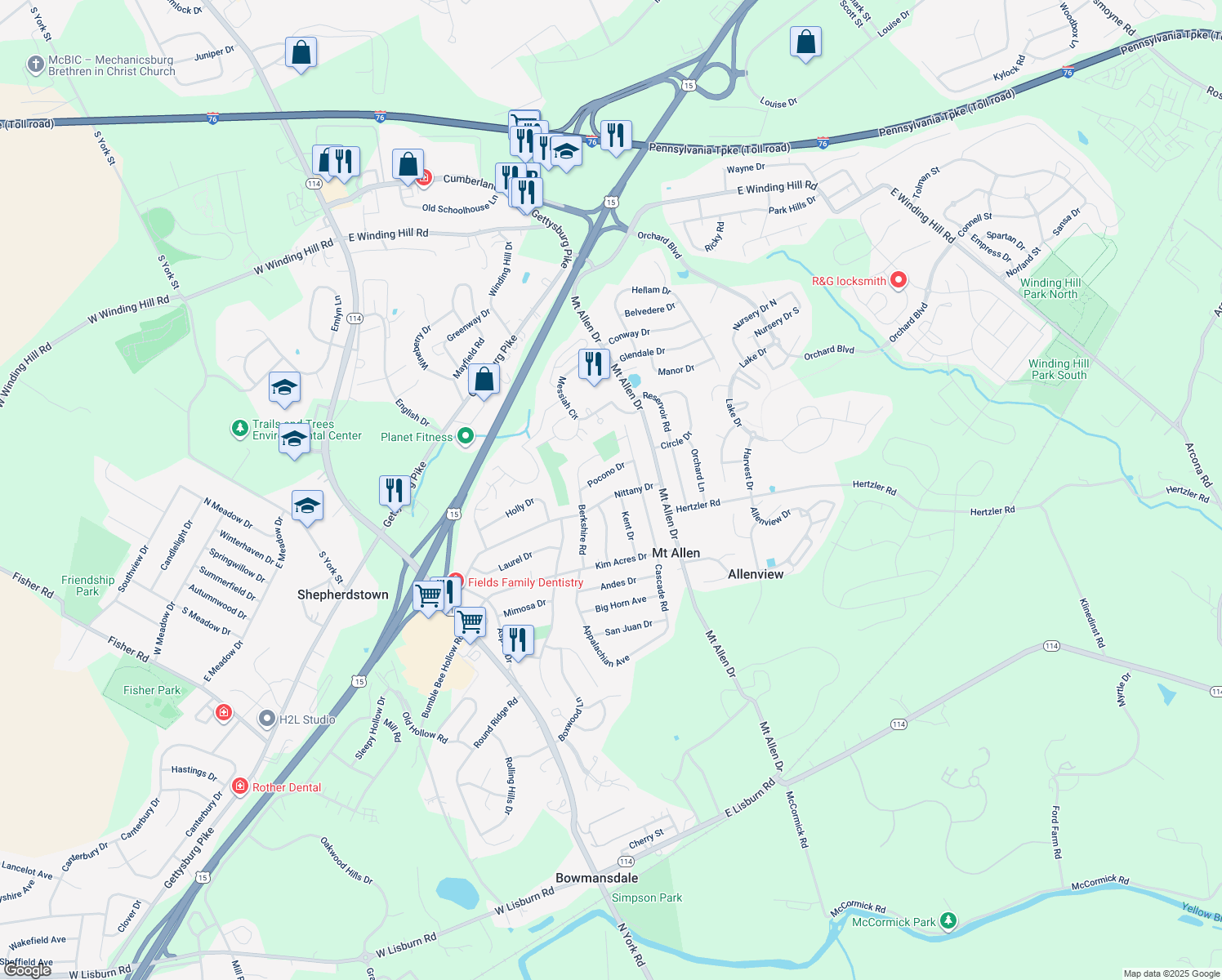 map of restaurants, bars, coffee shops, grocery stores, and more near 10 Nittany Drive in Mechanicsburg