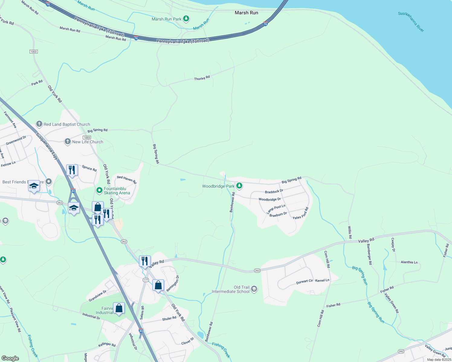 map of restaurants, bars, coffee shops, grocery stores, and more near Big Spring Road in York County