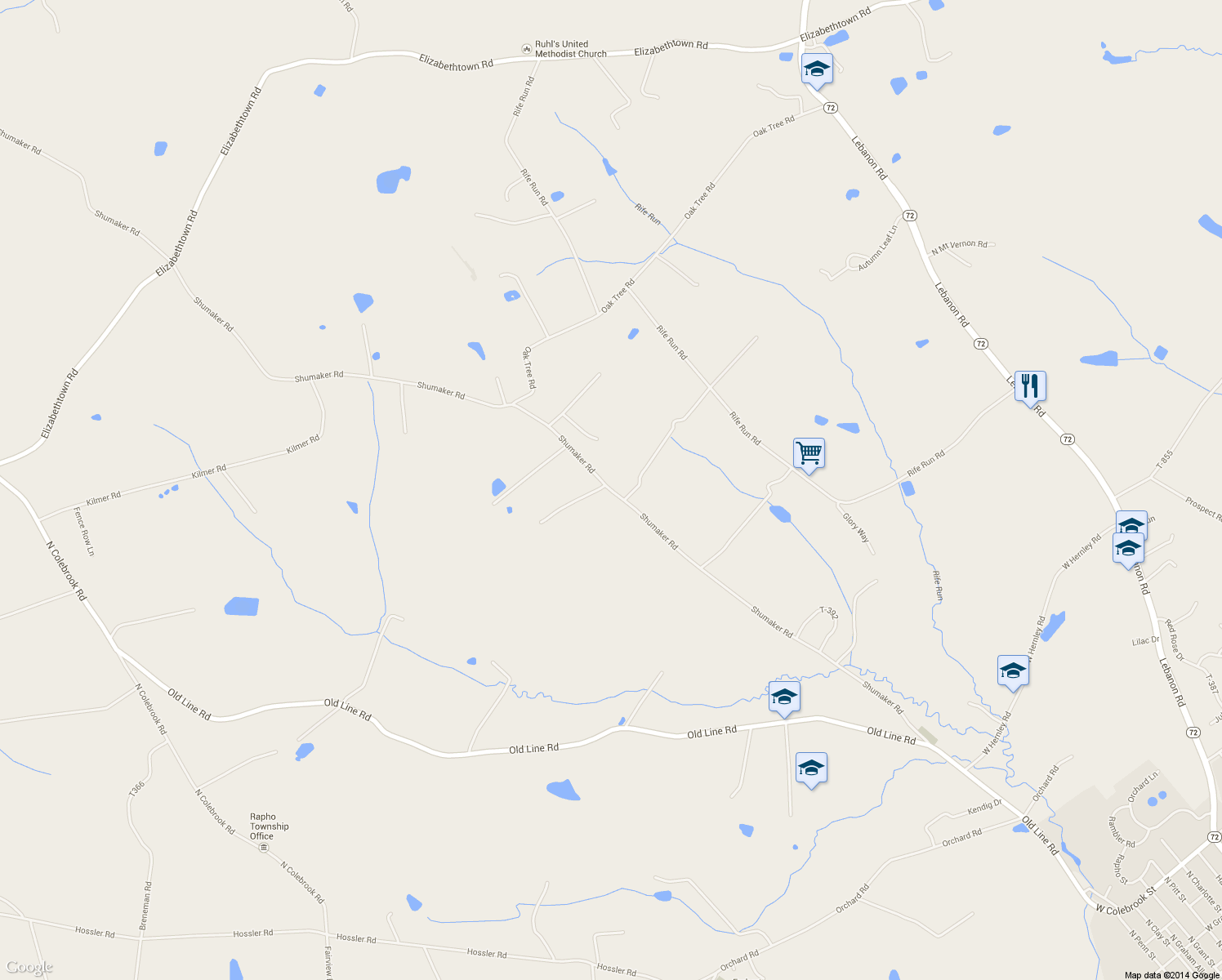 map of restaurants, bars, coffee shops, grocery stores, and more near 1482 Shumaker Road in Manheim