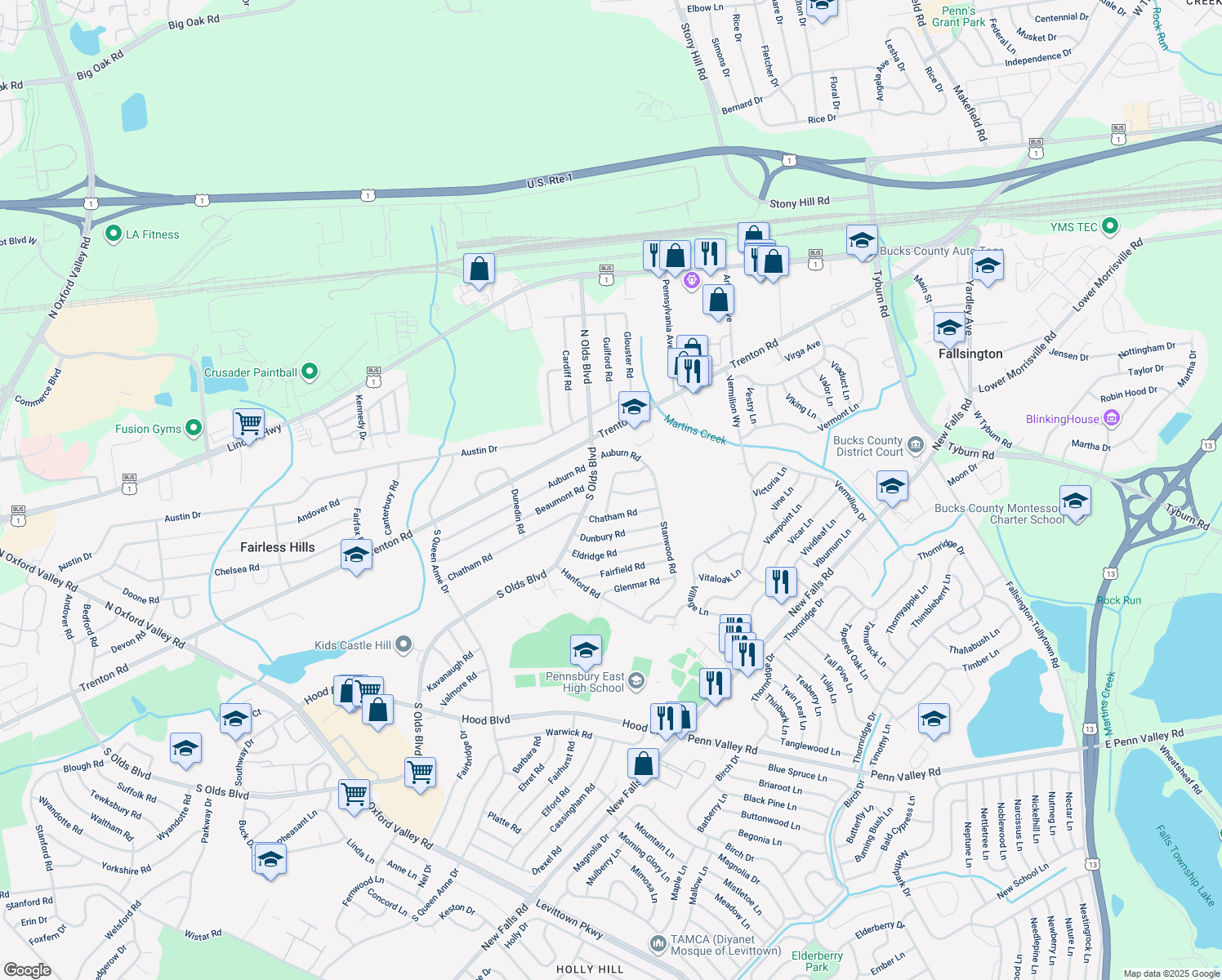 map of restaurants, bars, coffee shops, grocery stores, and more near 223 Brentwood Rd in Fairless Hills
