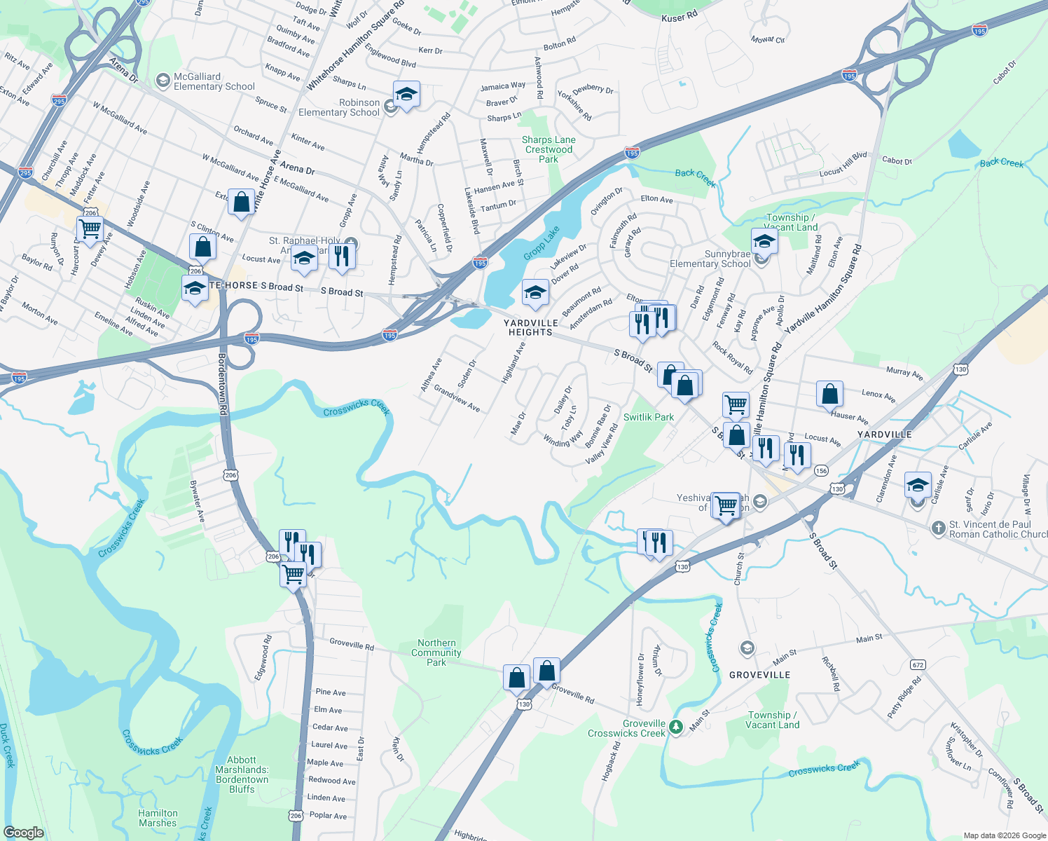 map of restaurants, bars, coffee shops, grocery stores, and more near 34 Mae Drive in Hamilton Township