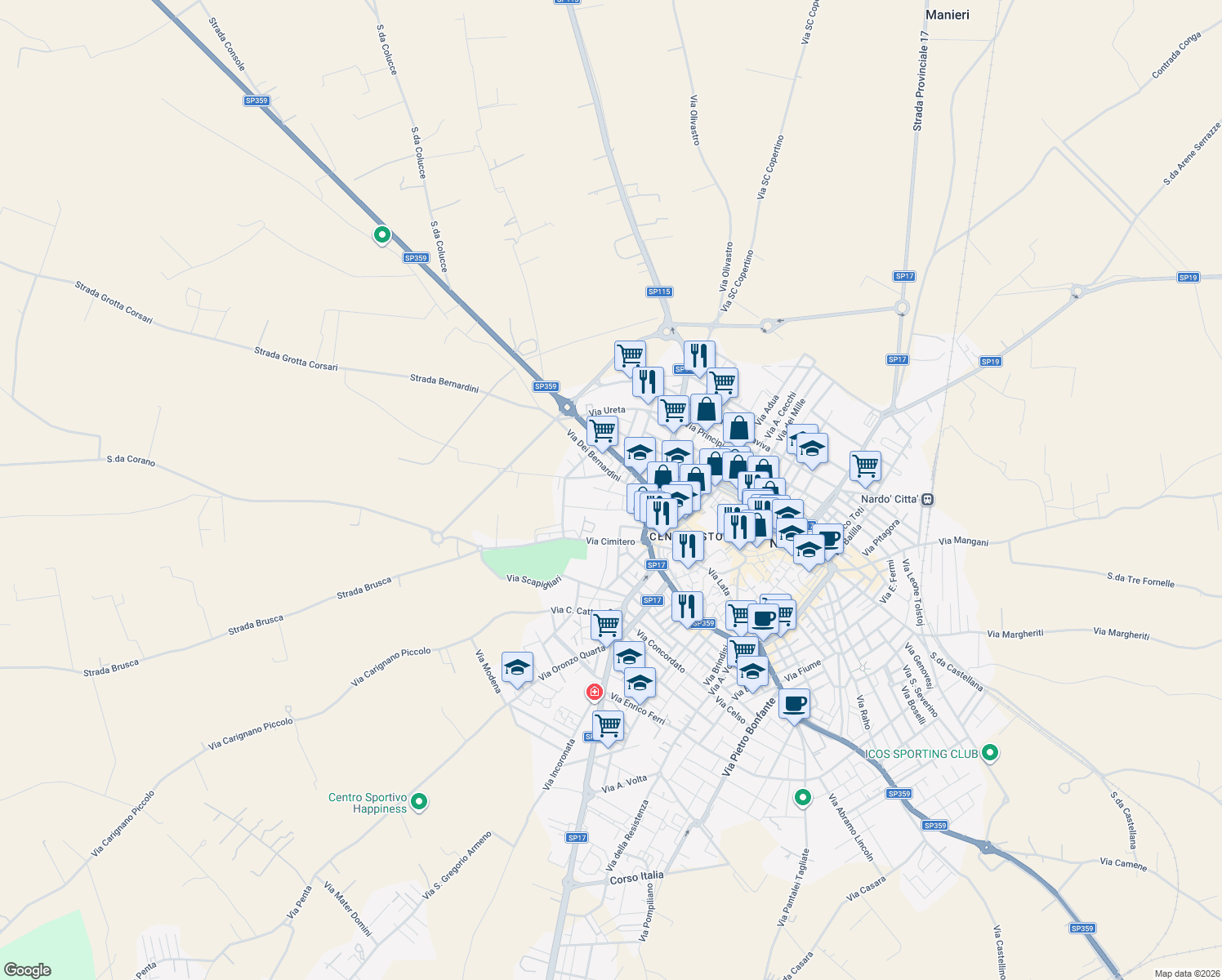 map of restaurants, bars, coffee shops, grocery stores, and more near 56 Via G. Murat in Nardò