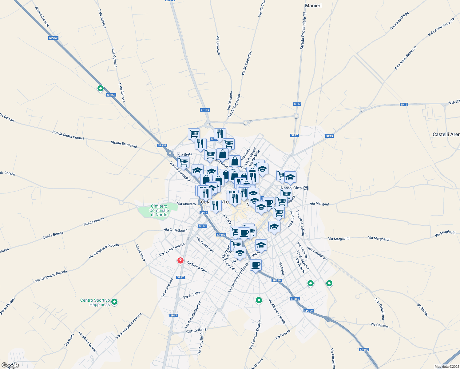 map of restaurants, bars, coffee shops, grocery stores, and more near 79 Via Duca degli Abruzzi in Nardò