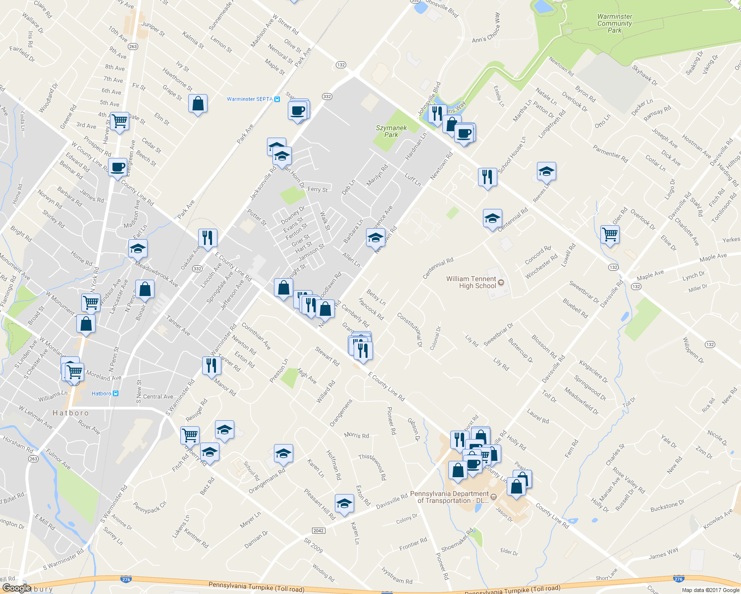 map of restaurants, bars, coffee shops, grocery stores, and more near 362 Betsy Lane in Warminster