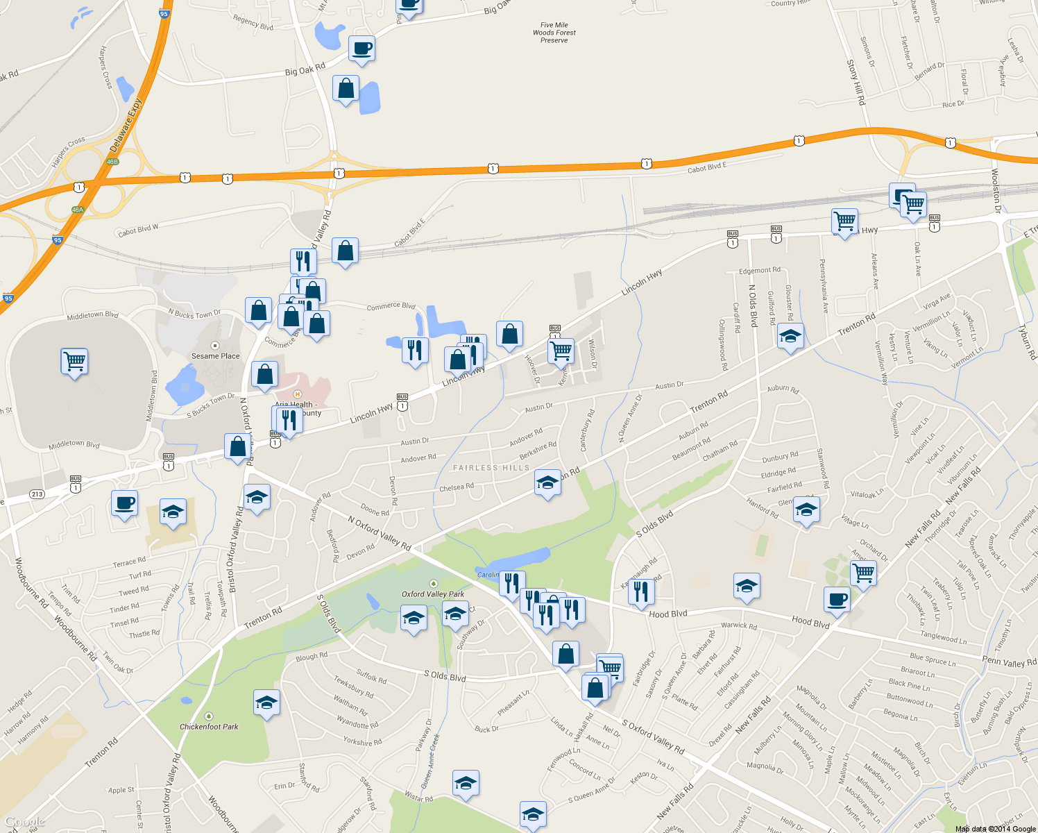 map of restaurants, bars, coffee shops, grocery stores, and more near 454 Austin Drive in Fairless Hills