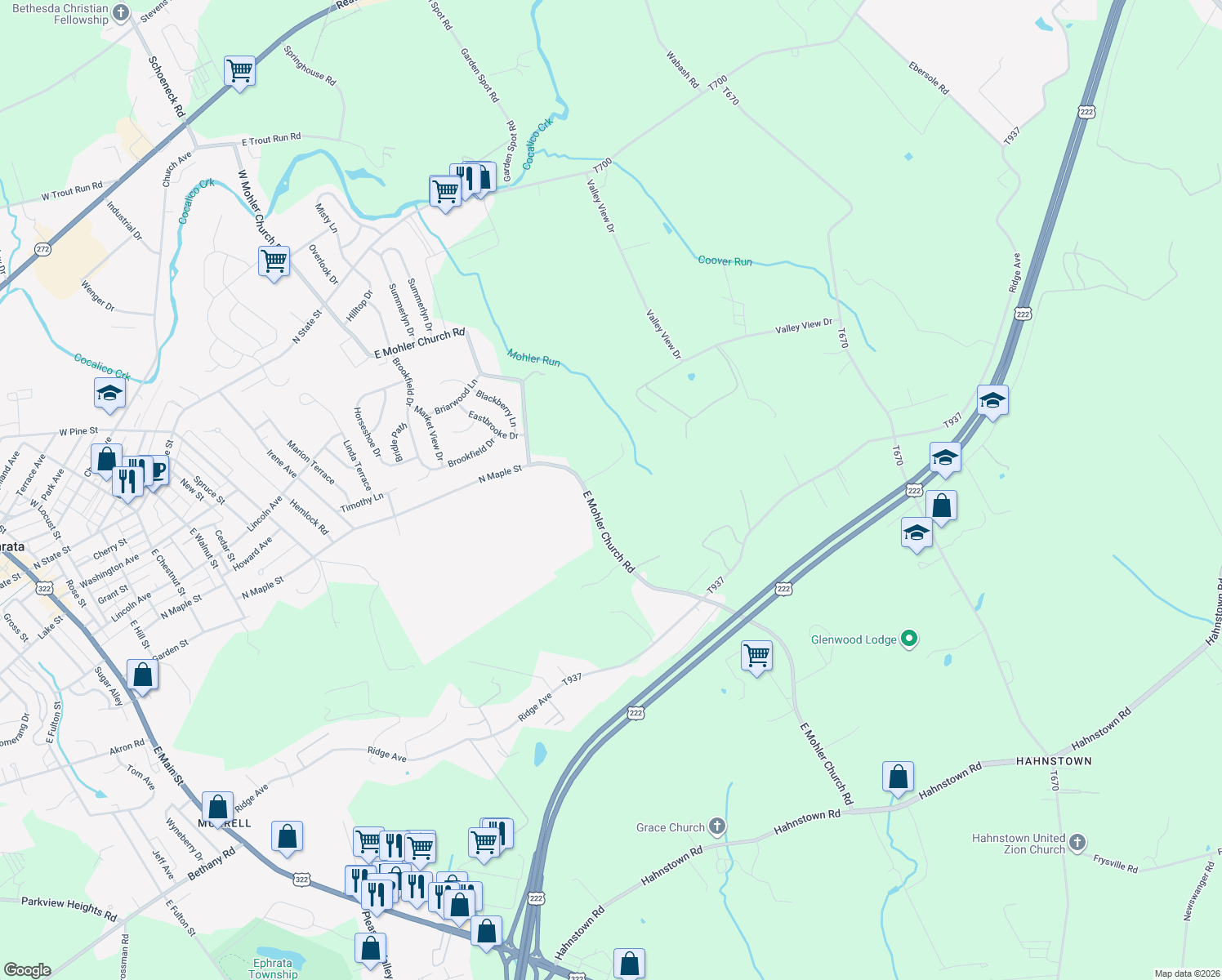 map of restaurants, bars, coffee shops, grocery stores, and more near 140 E Mohler Church Rd in Ephrata