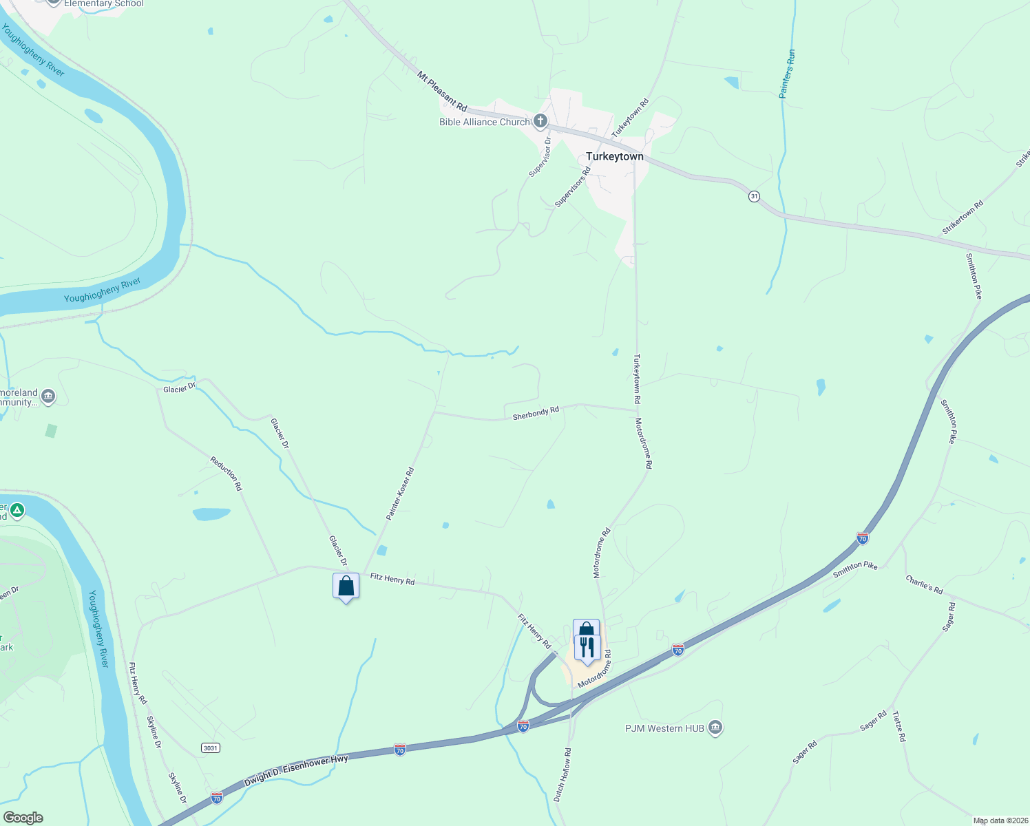 map of restaurants, bars, coffee shops, grocery stores, and more near 159 Sherbondy Road in Smithton