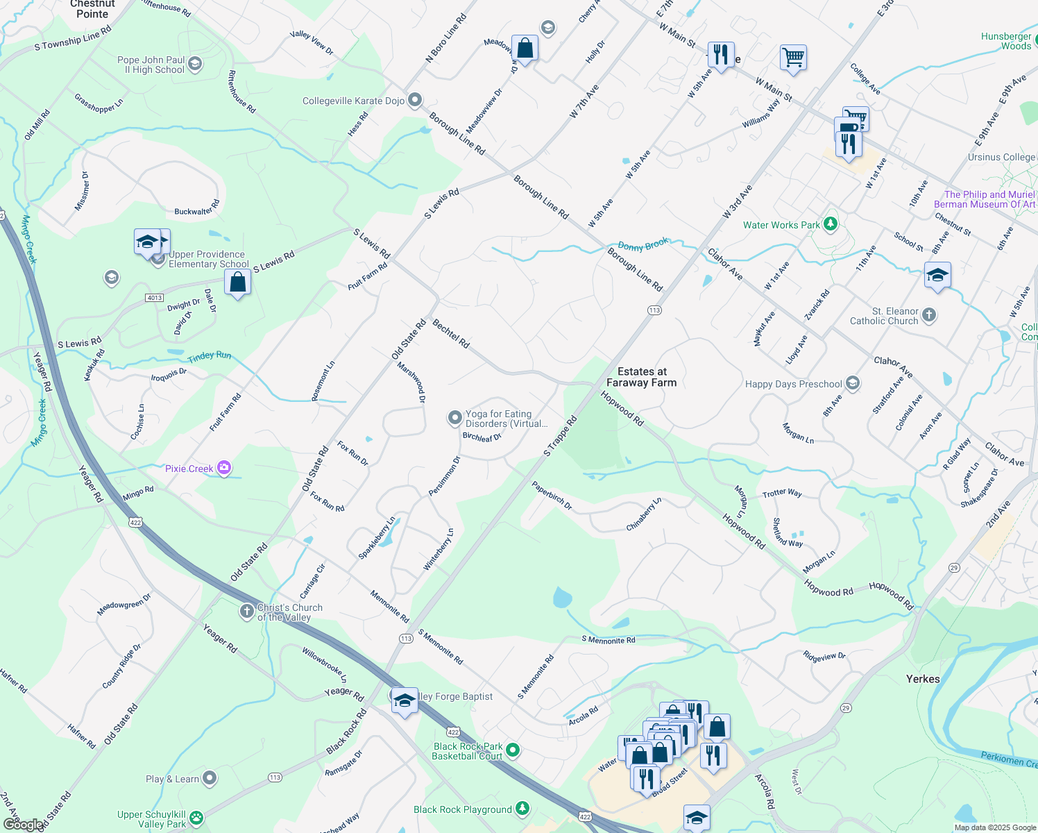 map of restaurants, bars, coffee shops, grocery stores, and more near 652 Birchleaf Drive in Collegeville