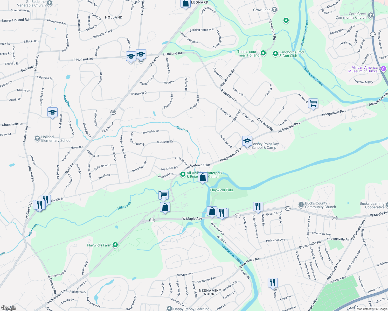 map of restaurants, bars, coffee shops, grocery stores, and more near 885 Stevens Lane in Langhorne