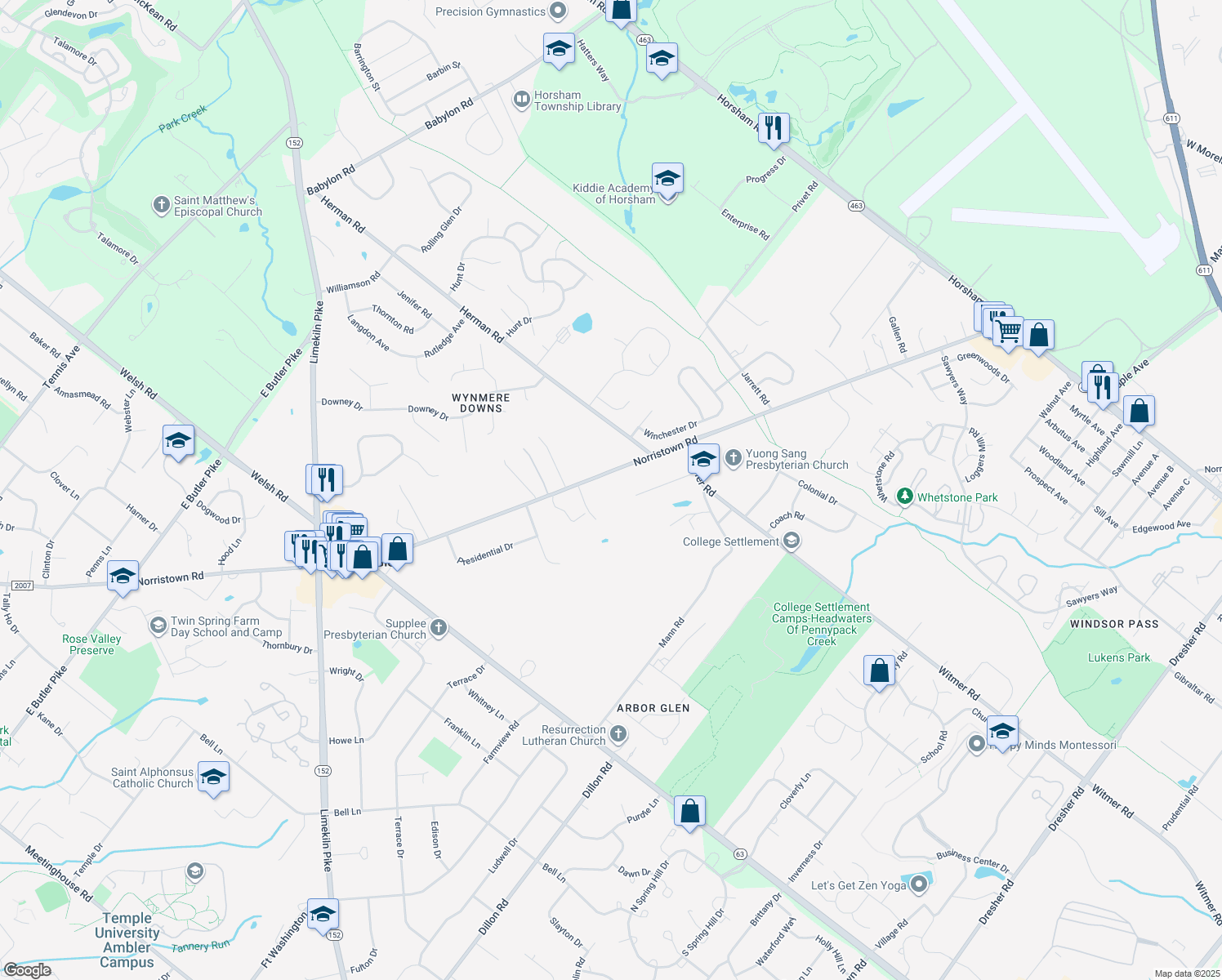 map of restaurants, bars, coffee shops, grocery stores, and more near 625 Norristown Road in Horsham