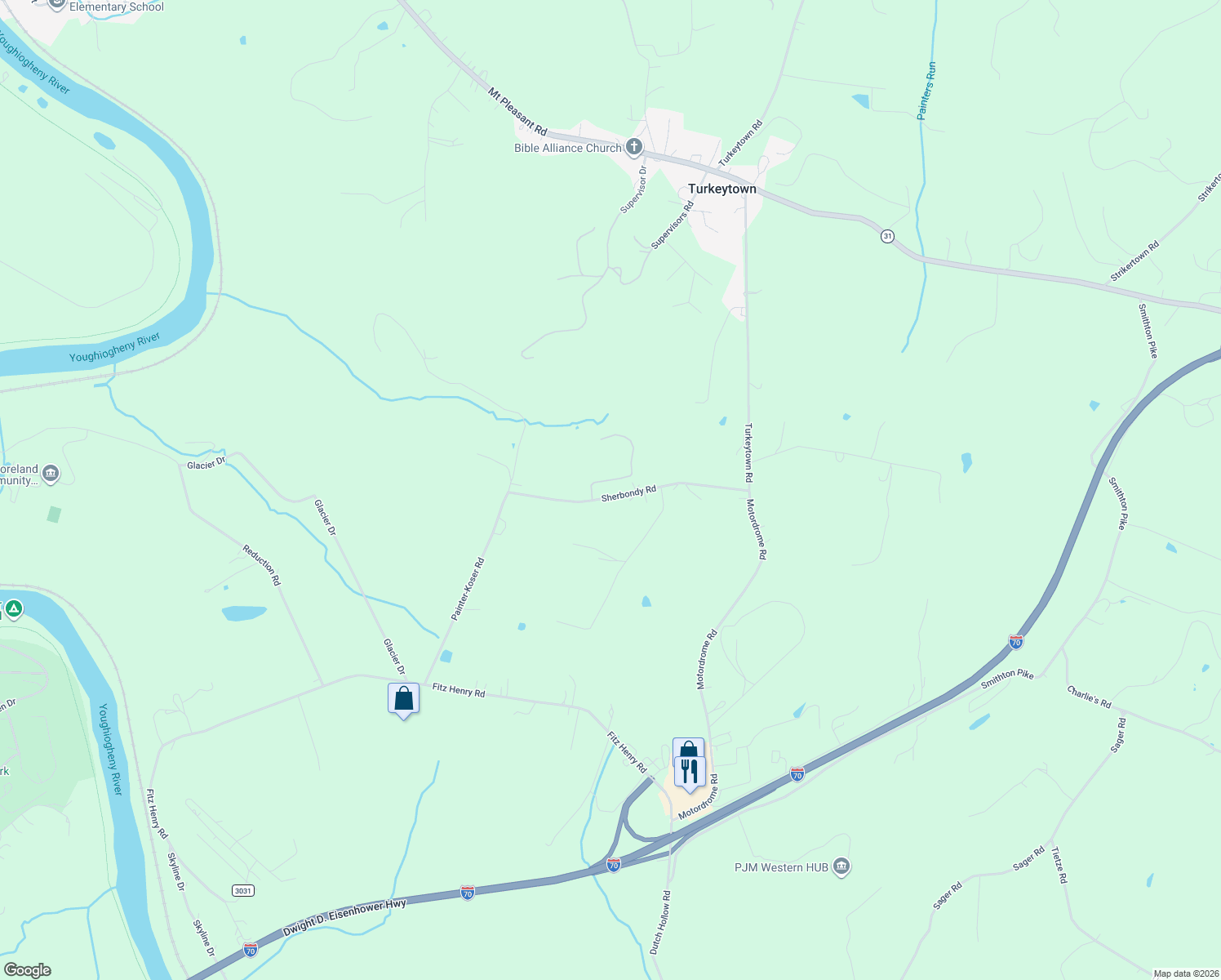 map of restaurants, bars, coffee shops, grocery stores, and more near 159 Sherbondy Road in Smithton