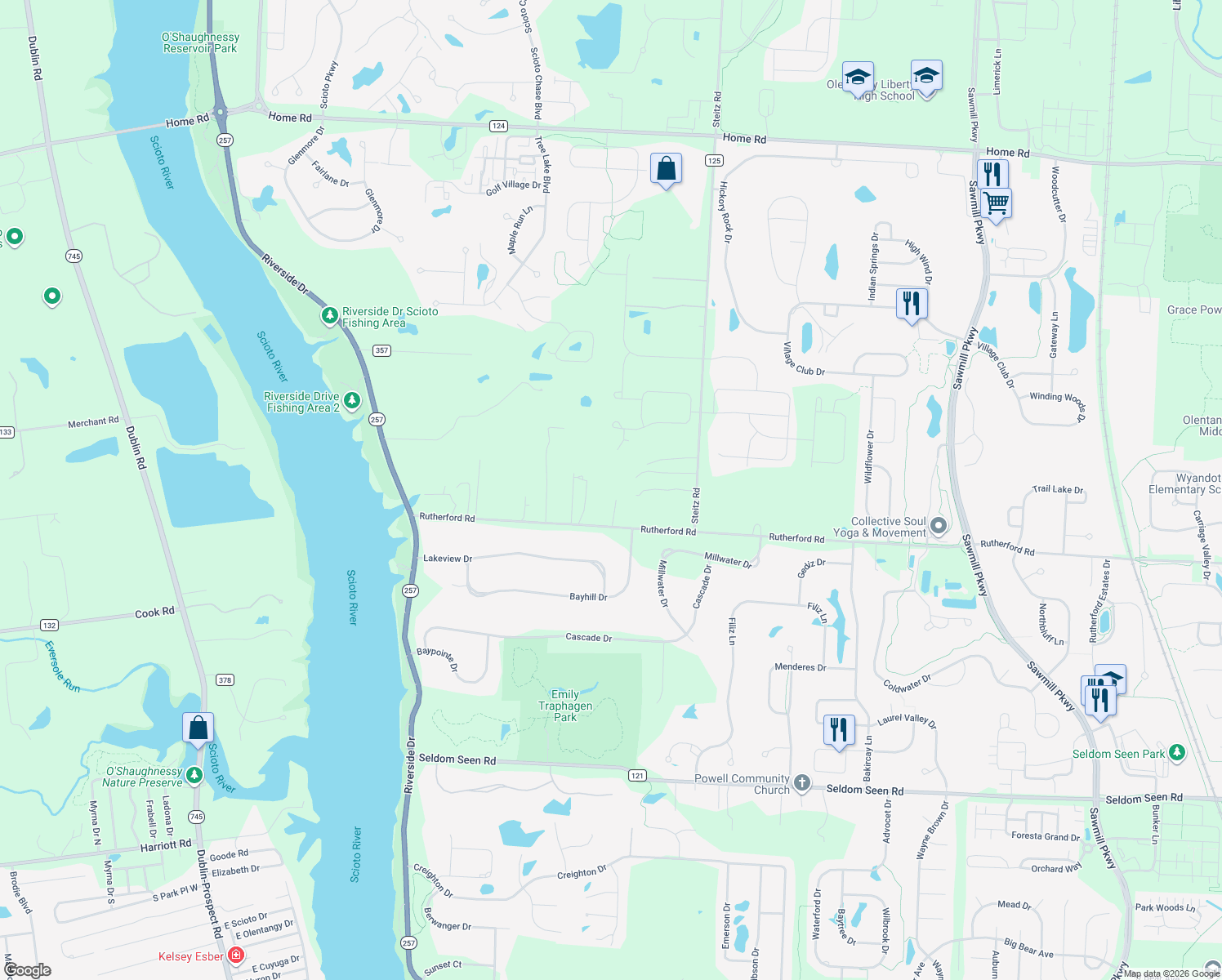 map of restaurants, bars, coffee shops, grocery stores, and more near 4730 Rutherford Rd in Powell