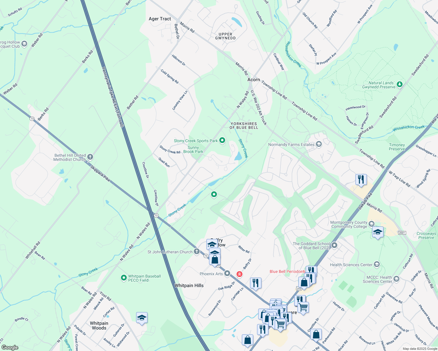 map of restaurants, bars, coffee shops, grocery stores, and more near 640 Willowbend Dr in Blue Bell