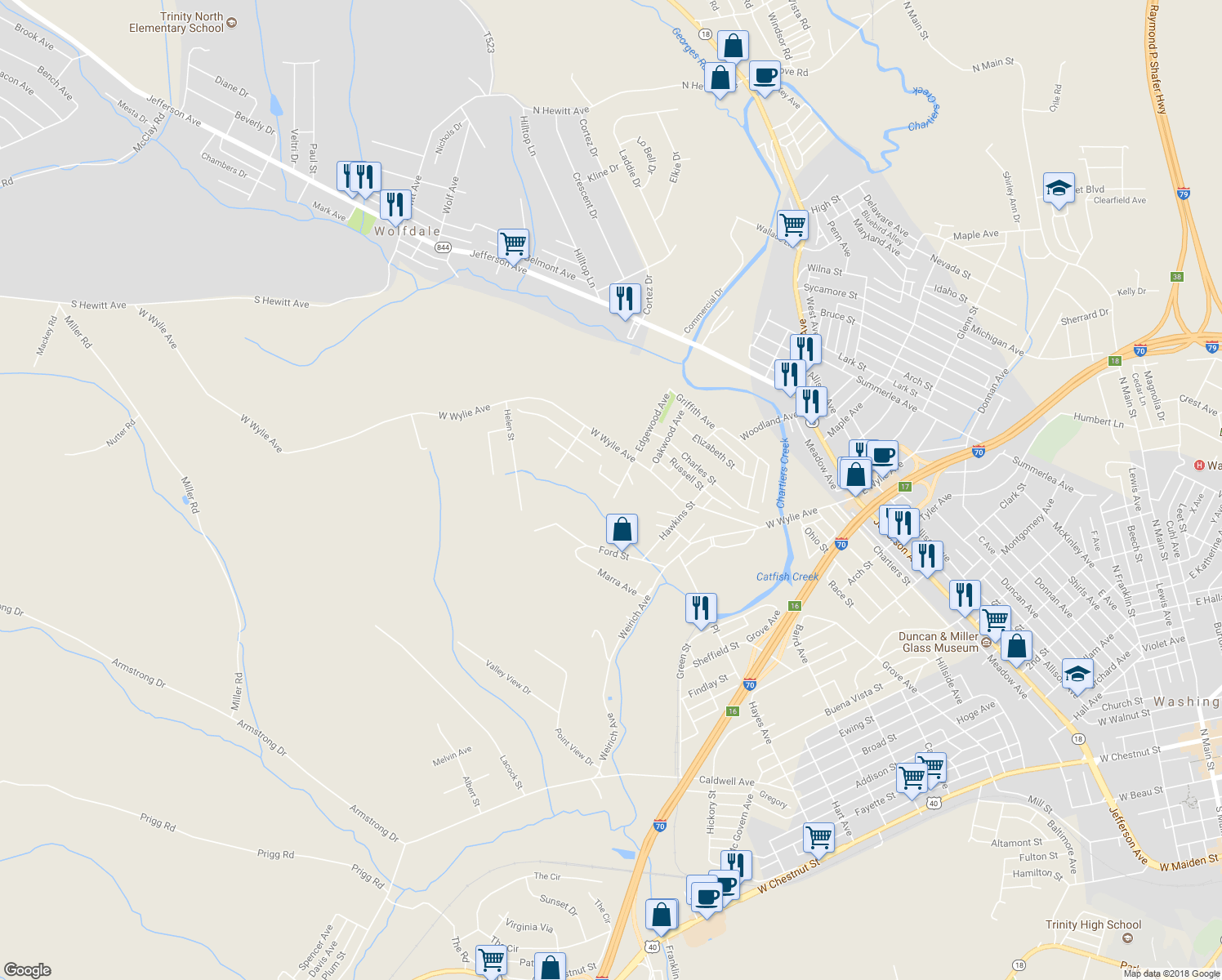 map of restaurants, bars, coffee shops, grocery stores, and more near 806 East Beall Avenue in Washington