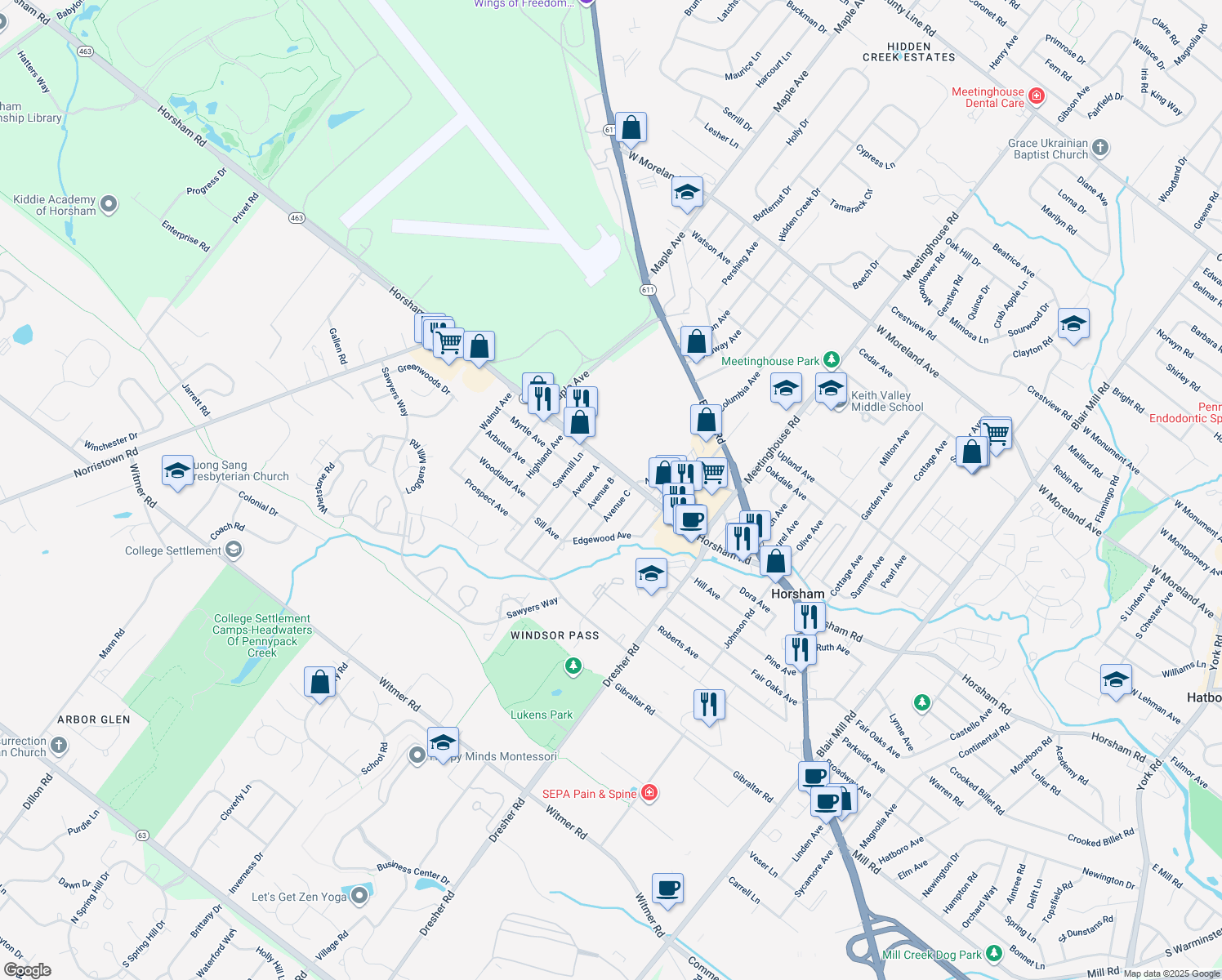 map of restaurants, bars, coffee shops, grocery stores, and more near 405 Avenue B in Horsham