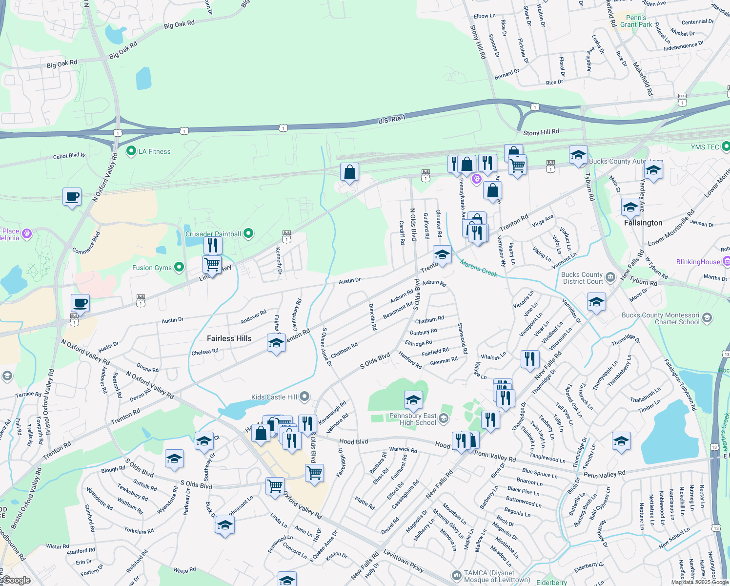 map of restaurants, bars, coffee shops, grocery stores, and more near 152 Lebbie Lane in Fairless Hills