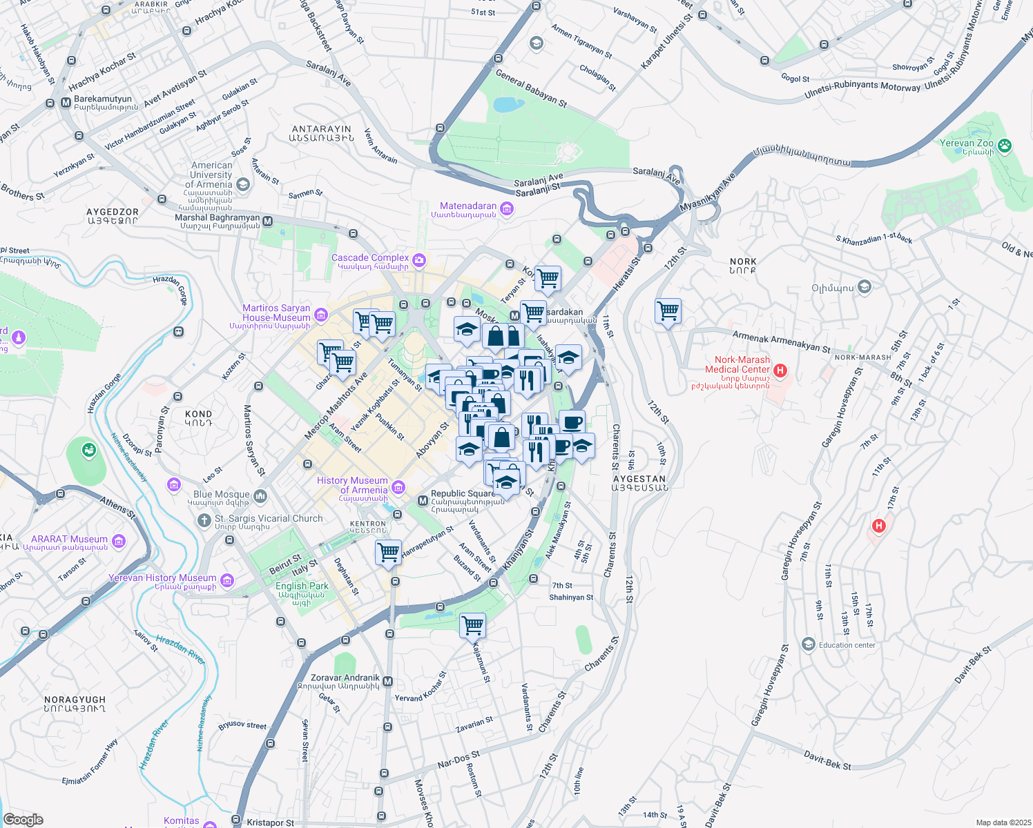 map of restaurants, bars, coffee shops, grocery stores, and more near 29 Nalbandyan Street in Yerevan