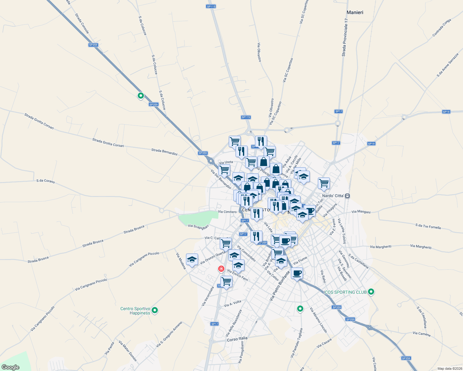map of restaurants, bars, coffee shops, grocery stores, and more near 56 Via G. Murat in Nardò