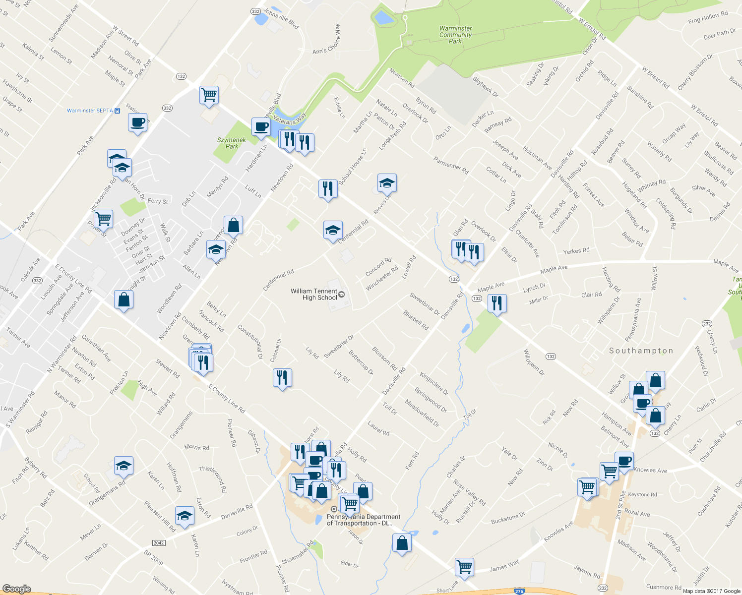 map of restaurants, bars, coffee shops, grocery stores, and more near 560 Lowell Road in Warminster